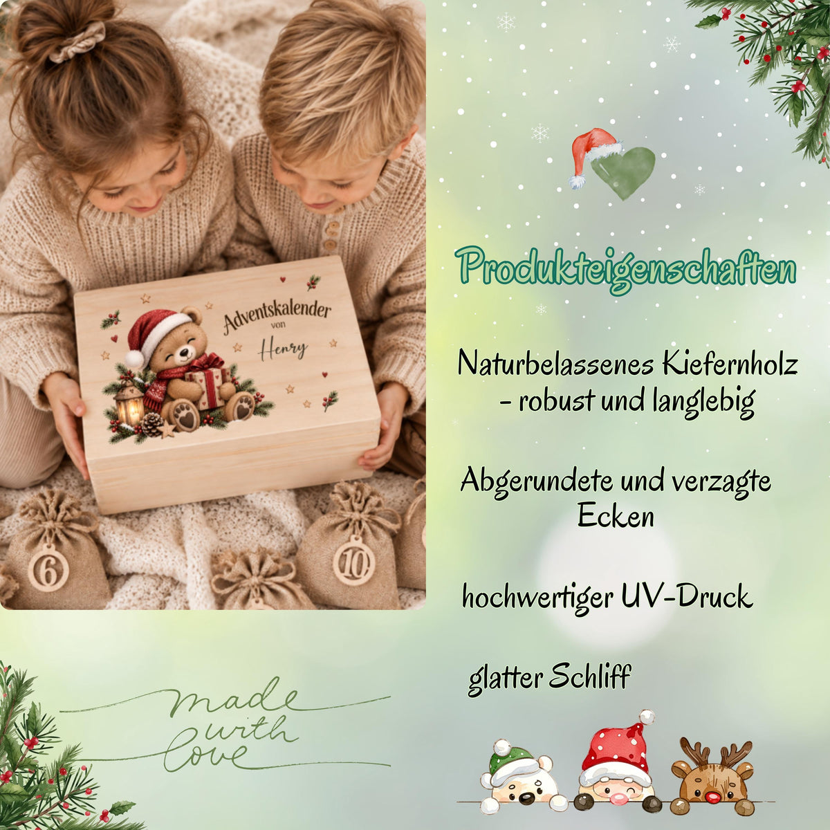 Personalisierter Adventskalender aus Holz für Kinder mit Weihnachts-Teddy, Geschenk und Wunschnamen Johanna. Die Adventskiste ist wahlweise einzeln oder als Adventskalender zum Befüllen mit 24 Jutesäckchen und Holzzahlen erhältlich. Wiederverwendbarer Adventskalender personalisiert mit Namen, Adventskalender Holz, Adventskalender Kiste, Adventskiste personalisiert und Weihnachtskalender für Kinder mit Teddy-Motiv – individuell gestaltet für 24 kleine Überraschungen und eine Weihnachtstradition