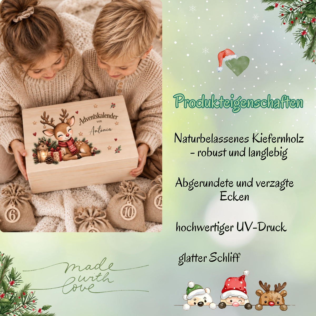 Adventskalender zum Befüllen für Kinder als personalisierte Holzkiste mit weihnachtlichem Rentier und individuellem Wunschnamen. Das komplette Adventskalender-Set enthält die Adventskiste aus Holz sowie 24 Jutesäckchen und 24 Holzzahlen von 1 bis 24 zum Selbstbefüllen. Personalisierter Adventskalender, Adventskalender Beutel, Adventskalender Box, Adventskiste Kinder und Weihnachtskalender mit Namen für Süßigkeiten, kleine Geschenke, Botschaften und persönliche Überraschungen bis Weihnachten.