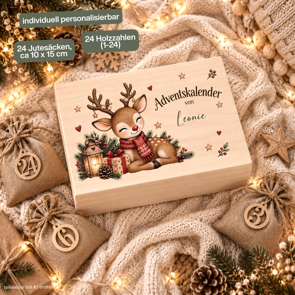 Adventskalender zum Befüllen für Kinder als personalisierte Holzkiste mit weihnachtlichem Rentier und individuellem Wunschnamen. Das komplette Adventskalender-Set enthält die Adventskiste aus Holz sowie 24 Jutesäckchen und 24 Holzzahlen von 1 bis 24 zum Selbstbefüllen. Personalisierter Adventskalender, Adventskalender Beutel, Adventskalender Box, Adventskiste Kinder und Weihnachtskalender mit Namen für Süßigkeiten, kleine Geschenke, Botschaften und persönliche Überraschungen bis Weihnachten.