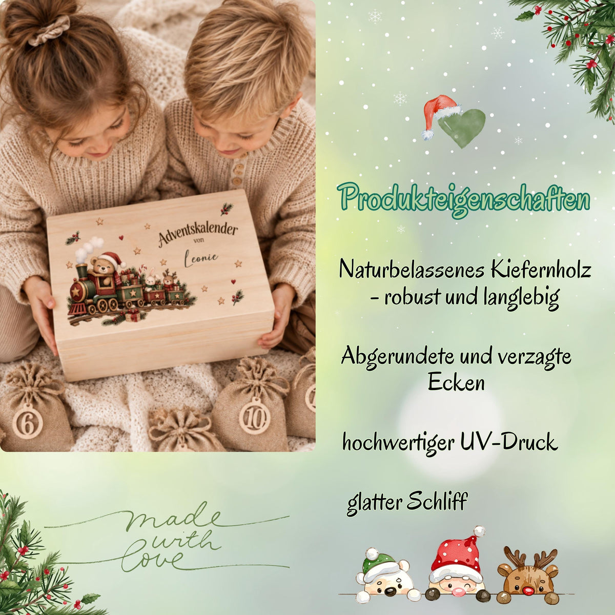 Personalisierter Adventskalender aus Holz für Kinder mit weihnachtlichem Zug, kleinen Tierfreunden und Wunschnamen Anton. Der Weihnachtszug mit Bär, Häschen und Rentier schmückt die personalisierte Adventskiste, die einzeln oder als Adventskalender zum Befüllen mit 24 Jutesäckchen und Holzzahlen erhältlich ist. Wiederverwendbarer Adventskalender personalisiert mit Namen, Adventskalender Holz, Adventskalender Kiste, Adventskiste personalisiert und Weihnachtskalender für Kinder mit Zug-Motiv.