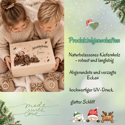 Personalisierter Adventskalender aus Holz für Kinder mit weihnachtlichem Zug, kleinen Tierfreunden und Wunschnamen Anton. Der Weihnachtszug mit Bär, Häschen und Rentier schmückt die personalisierte Adventskiste, die einzeln oder als Adventskalender zum Befüllen mit 24 Jutesäckchen und Holzzahlen erhältlich ist. Wiederverwendbarer Adventskalender personalisiert mit Namen, Adventskalender Holz, Adventskalender Kiste, Adventskiste personalisiert und Weihnachtskalender für Kinder mit Zug-Motiv.