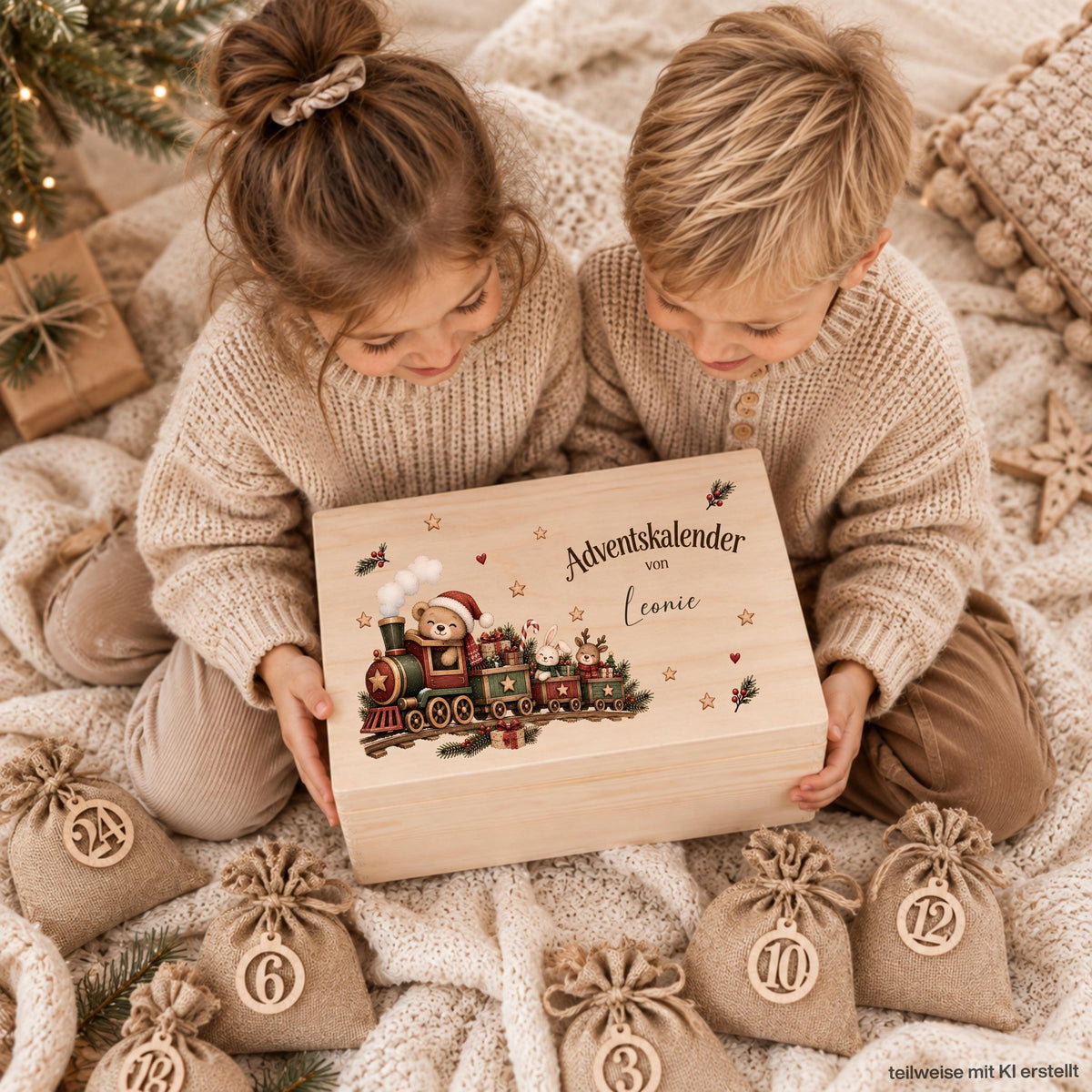Adventskiste personalisiert mit Namen und liebevollem Weihnachtszug als wiederverwendbarer Adventskalender für Kinder. Das Motiv zeigt einen festlichen Zug mit Bär, Häschen, Rentier und kleinen Weihnachtsgeschenken. Der Adventskalender aus Holz ist als einzelne personalisierte Holzkiste oder als Set mit 24 Jutebeuteln und Holzzahlen erhältlich. Adventskalender Holz, Adventskalender Kiste, Adventskalender zum Befüllen, Weihnachtskalender mit Namen und Zug Adventskalender für Kinder