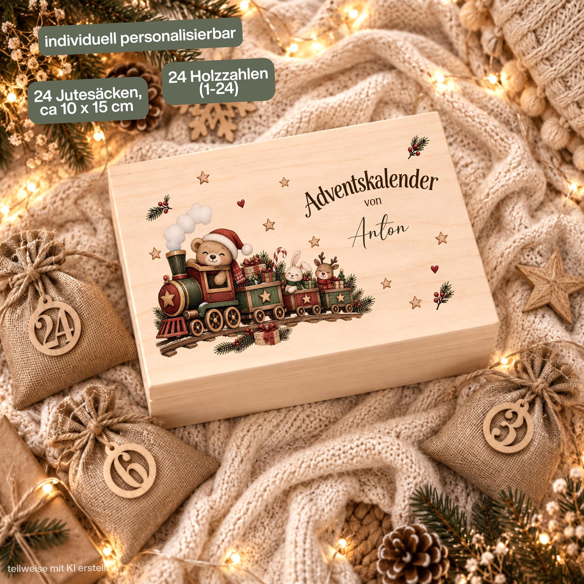 Adventskalender zum Befüllen für Kinder als personalisierte Holzkiste mit Weihnachtszug und individuellem Wunschnamen. Das komplette Adventskalender-Set enthält eine Adventskiste aus Holz sowie 24 Jutesäckchen und 24 Holzzahlen von 1 bis 24 zum Selbstbefüllen. Personalisierter Adventskalender, Adventskalender Beutel, Adventskalender Box, Adventskiste Kinder und Weihnachtskalender mit Namen als wiederverwendbarer Adventskalender für Süßigkeiten, kleine Geschenke und persönliche Überraschungen.