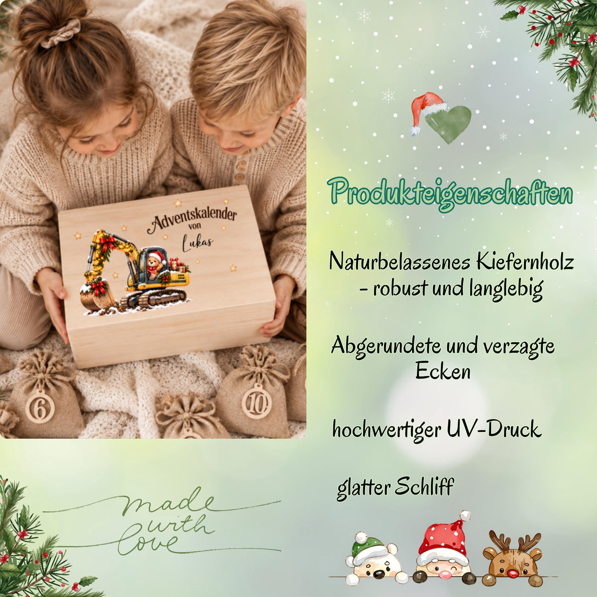 Personalisierter Adventskalender aus Holz für Kinder mit weihnachtlichem Bagger, kleinem Teddy und Wunschnamen Emily. Die Adventskiste ist einzeln oder als Adventskalender zum Befüllen mit 24 Jutesäckchen und Holzzahlen erhältlich. Wiederverwendbarer Adventskalender personalisiert mit Namen, Adventskalender Holz, Adventskalender Kiste, Adventskiste personalisiert und Weihnachtskalender für Kinder mit Bagger-Motiv – eine besondere Adventskalender Box für kleine Baustellen- und Baggerfans.