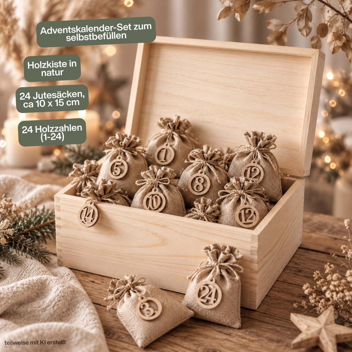 Adventskiste personalisiert mit Namen und festlichem Bagger als wiederverwendbarer Adventskalender für Kinder. Das Weihnachtsmotiv zeigt einen Bagger mit Lichtern, Schleifen, Geschenken und kleinem Teddy als Fahrer. Der Adventskalender aus Holz ist als personalisierte Holzkiste oder als Set mit 24 Jutebeuteln und Holzzahlen erhältlich. Adventskalender Holz, Adventskalender Kiste, Adventskalender zum Befüllen, Weihnachtskalender mit Namen und Bagger Adventskalender für Kinder
