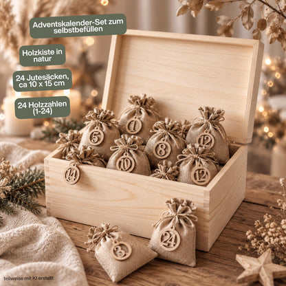 Adventskiste personalisiert mit Namen und festlichem Bagger als wiederverwendbarer Adventskalender für Kinder. Das Weihnachtsmotiv zeigt einen Bagger mit Lichtern, Schleifen, Geschenken und kleinem Teddy als Fahrer. Der Adventskalender aus Holz ist als personalisierte Holzkiste oder als Set mit 24 Jutebeuteln und Holzzahlen erhältlich. Adventskalender Holz, Adventskalender Kiste, Adventskalender zum Befüllen, Weihnachtskalender mit Namen und Bagger Adventskalender für Kinder