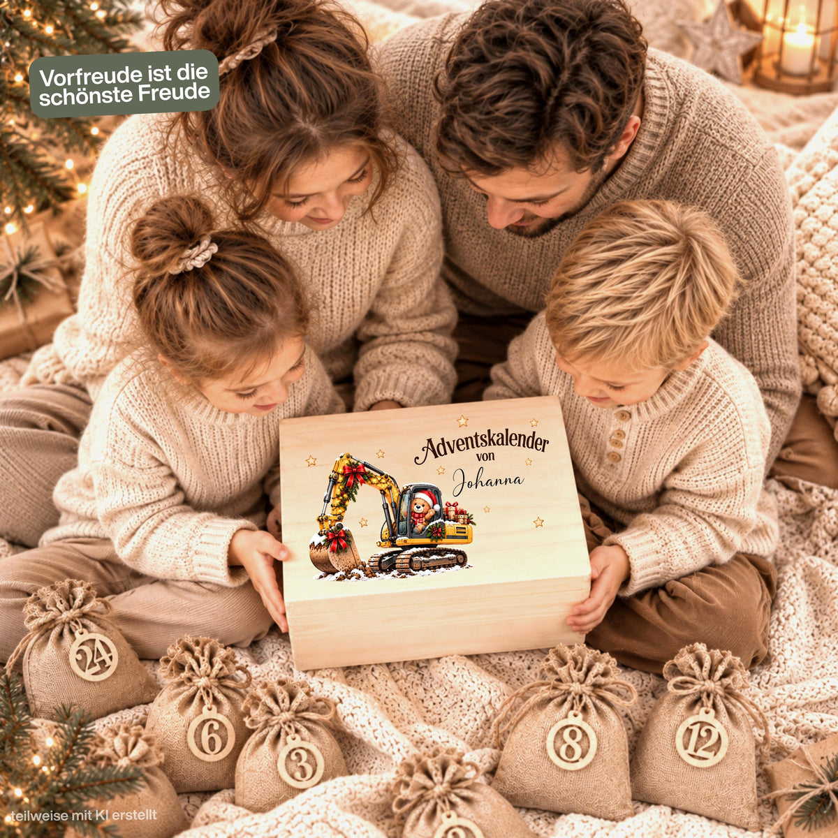 Adventskalender personalisiert mit Namen, Adventskalender zum Befüllen aus Holz, Adventskiste Kinder mit Beutel, Weihnachtskalender Bagger