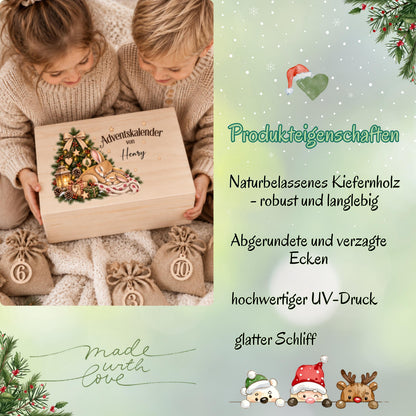 Personalisierter Adventskalender aus Holz für Kinder mit zwei kuschelnden Häschen, Weihnachtsbaum und individuellem Wunschnamen Sophia. Die Adventskiste ist einzeln oder als Adventskalender zum Befüllen mit 24 Jutesäckchen und Holzzahlen erhältlich. Wiederverwendbarer Adventskalender personalisiert mit Namen, Adventskalender Holz, Adventskalender Kiste, Adventskiste personalisiert und Weihnachtskalender für Kinder mit Hasen-Motiv – eine liebevolle Adventskalender Box für 24 kleine Überraschungen