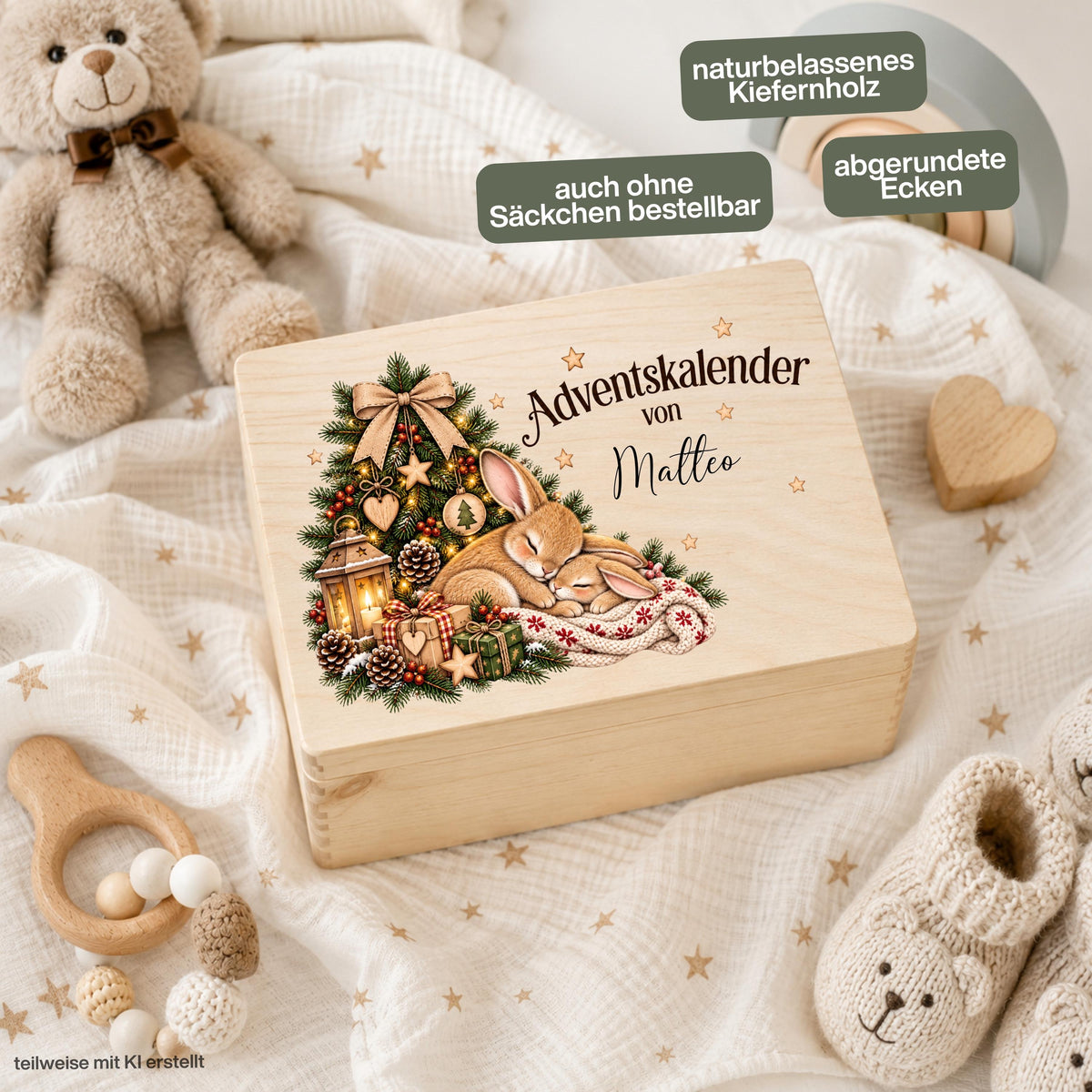 Personalisierter Adventskalender aus Holz für Kinder mit zwei kuschelnden Häschen, Weihnachtsbaum und individuellem Wunschnamen Sophia. Die Adventskiste ist einzeln oder als Adventskalender zum Befüllen mit 24 Jutesäckchen und Holzzahlen erhältlich. Wiederverwendbarer Adventskalender personalisiert mit Namen, Adventskalender Holz, Adventskalender Kiste, Adventskiste personalisiert und Weihnachtskalender für Kinder mit Hasen-Motiv – eine liebevolle Adventskalender Box für 24 kleine Überraschungen