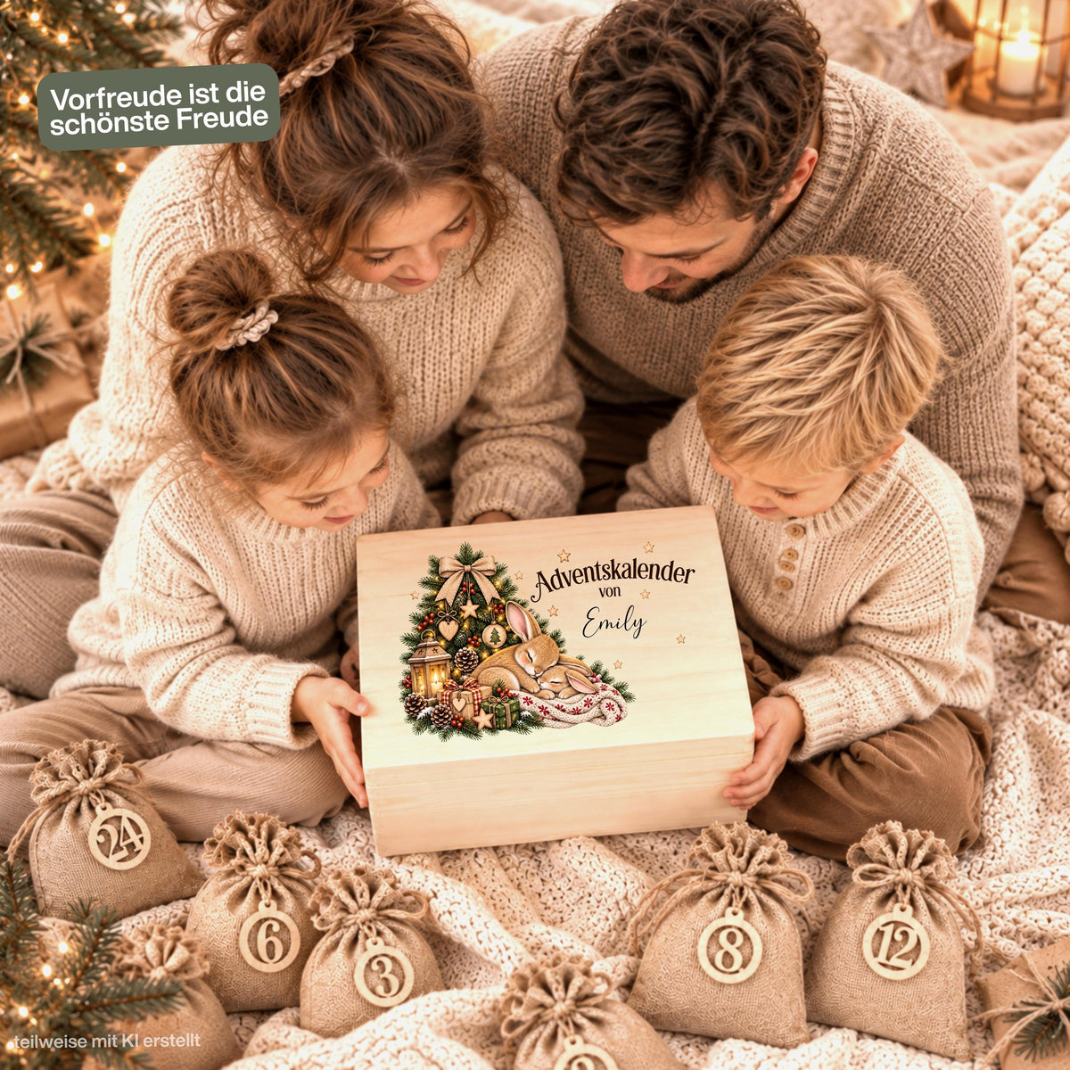 Personalisierter Adventskalender aus Holz für Kinder mit zwei kuschelnden Häschen, Weihnachtsbaum und individuellem Wunschnamen Sophia. Die Adventskiste ist einzeln oder als Adventskalender zum Befüllen mit 24 Jutesäckchen und Holzzahlen erhältlich. Wiederverwendbarer Adventskalender personalisiert mit Namen, Adventskalender Holz, Adventskalender Kiste, Adventskiste personalisiert und Weihnachtskalender für Kinder mit Hasen-Motiv – eine liebevolle Adventskalender Box für 24 kleine Überraschungen