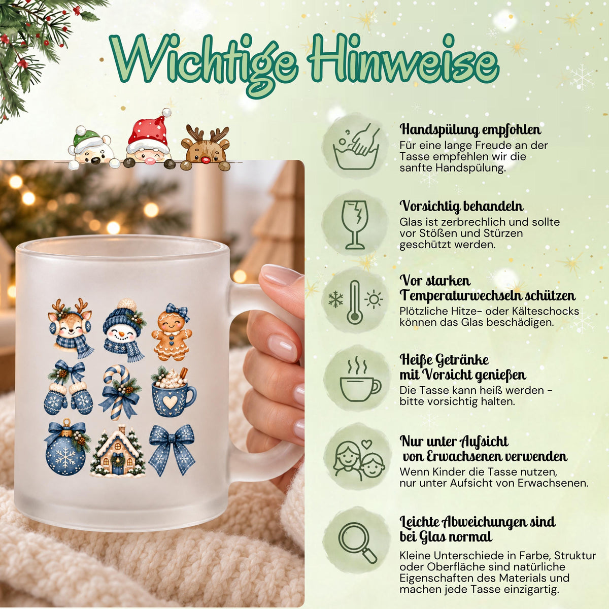 Diese Weihnachtstasse mit Weihnachtsmotiven ist die ideale Kaffeetasse Weihnachten für die Adventszeit. Als Weihnachtsbecher aus satiniertem Glas, beidseitig bedruckt mit 300 ml Fassungsvermögen, eignet sich diese Winter Tasse perfekt als Weihnachtsgeschenk oder Wichtelgeschenk. Ob als Nikolaus Tasse, Mitbringsel oder Teil eines Weihnachtstassen Sets fürs ganze Team – eine schöne Geschenkidee für Kaffee, Tee, Kakao oder Glühwein. Glühweintasse, Weihnachtstasse, Weihnachtsbecher