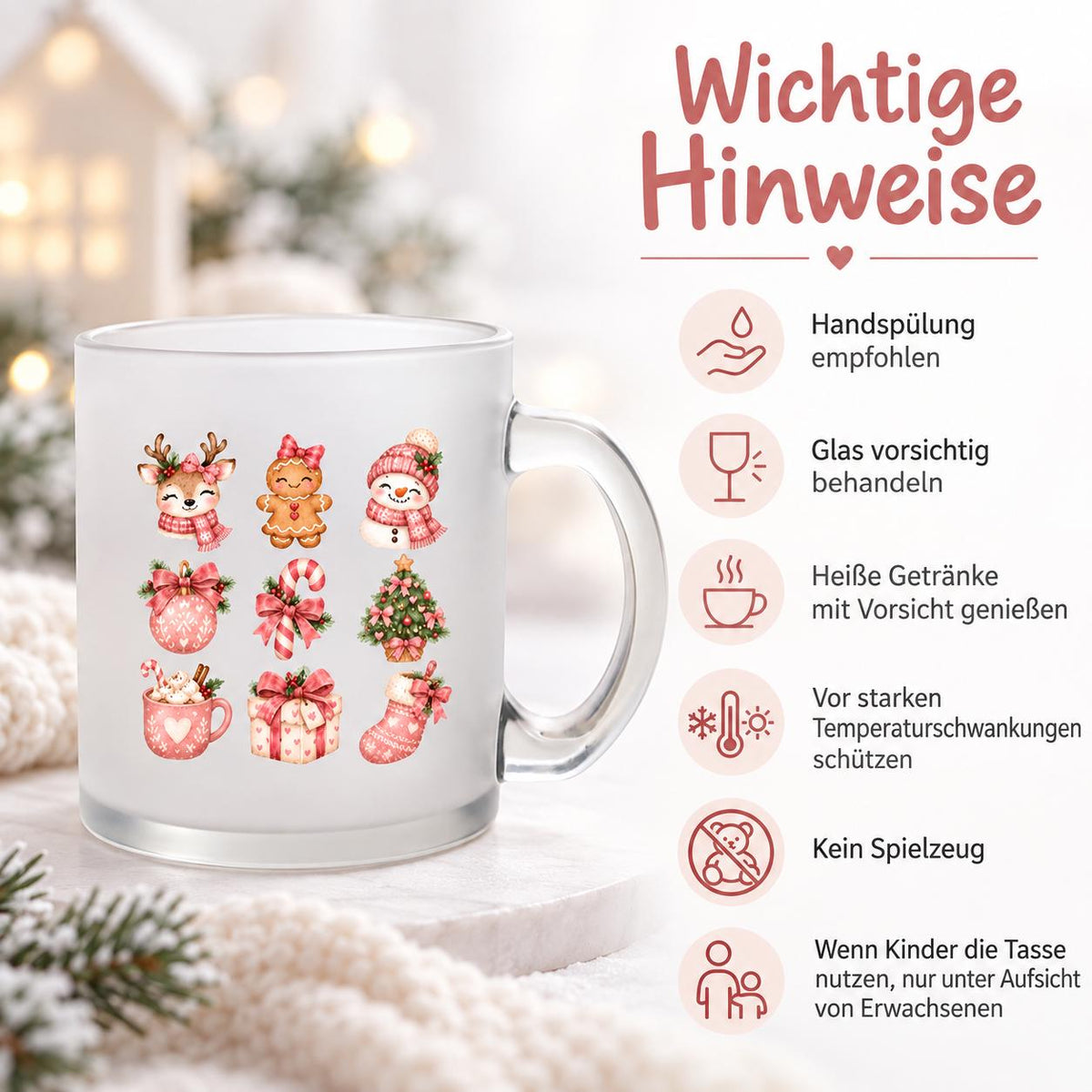 Diese Weihnachtstasse ist ein zauberhafter Weihnachtsbecher für die Adventszeit. Aus satiniertem, transparentem Glas gefertigt und beidseitig bedruckt, bietet diese Winter Tasse ein Fassungsvermögen von 300 ml und eignet sich perfekt als Weihnachtsgeschenk, Wichtelgeschenk oder Nikolaus Tasse. Ob als kleines Mitbringsel, Geschenkidee für Kolleginnen oder liebevolle Kaffeetasse Weihnachten für Kaffee, Tee, Kakao und Glühwein – diese Tasse mit Weihnachtsmotiv passt zu jedem winterlichen Anlass.