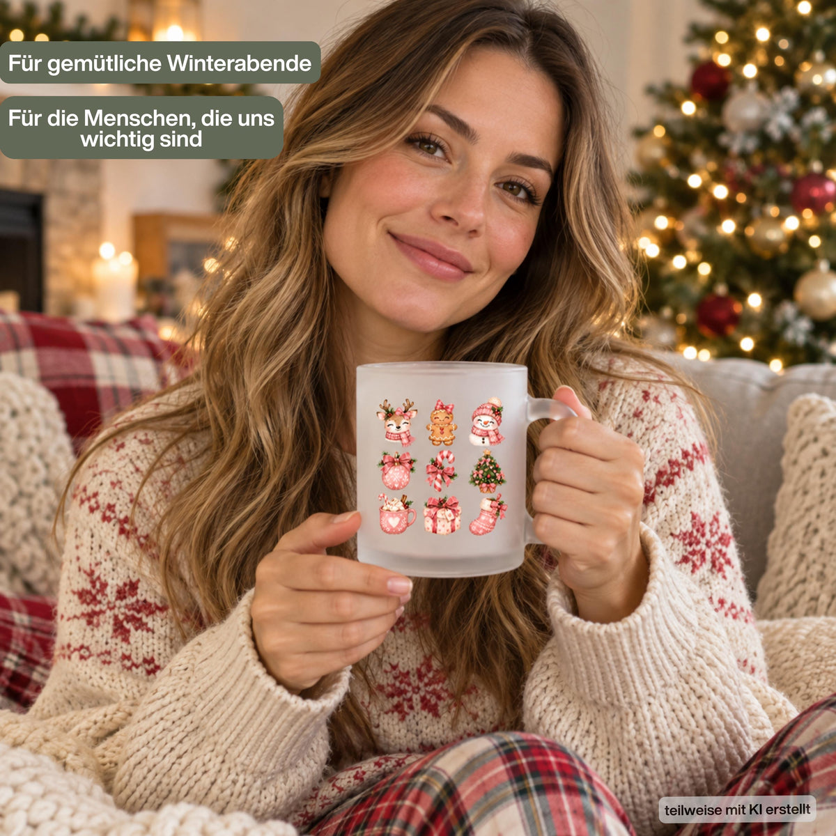 Diese Weihnachtstasse ist ein zauberhafter Weihnachtsbecher für die Adventszeit. Aus satiniertem, transparentem Glas gefertigt und beidseitig bedruckt, bietet diese Winter Tasse ein Fassungsvermögen von 300 ml und eignet sich perfekt als Weihnachtsgeschenk, Wichtelgeschenk oder Nikolaus Tasse. Ob als kleines Mitbringsel, Geschenkidee für Kolleginnen oder liebevolle Kaffeetasse Weihnachten für Kaffee, Tee, Kakao und Glühwein – diese Tasse mit Weihnachtsmotiv passt zu jedem winterlichen Anlass.