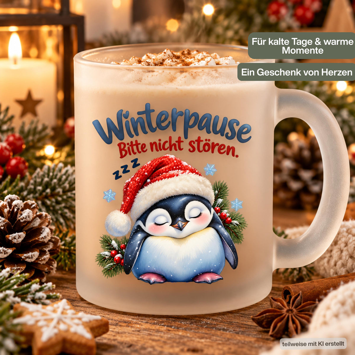 Diese Tasse Weihnachten zeigt einen schlafenden Pinguin mit Nikolausmütze und den Spruch 'Winterpause: Bitte nicht stören', umgeben von Tannenzweigen und Schneeflocken. Als Weihnachtsbecher aus satiniertem Glas mit 300 ml Fassungsvermögen eignet sie sich perfekt als Weihnachtsgeschenk, Wichtelgeschenk oder Nikolaus Tasse. Eine humorvolle Kaffeetasse Weihnachten für Kaffee, Tee, Kakao und Glühwein, ideal als Winter Tasse für alle, die den Winter am liebsten verschlafen würden.
