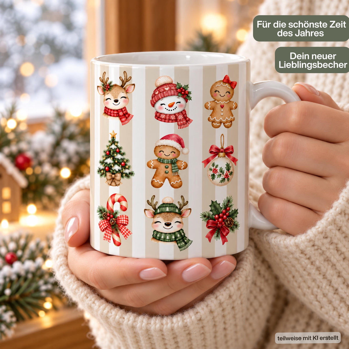 Diese Weihnachtstasse im trendigen Streifen-Design zeigt Rentiere, Schneemann, Lebkuchenfiguren, Christbaumschmuck und Zuckerstange rundherum bedruckt, erhältlich in Beige, Grün und Blau. Als Kaffeetasse Weihnachten aus Keramik mit 330 ml Fassungsvermögen eignet sich diese Tasse perfekt als Weihnachtsgeschenk, Wichtelgeschenk oder Nikolaus Tasse. Eine schöne Winter Tasse für Kaffee, Tee, Kakao und Glühwein, ideal als Tasse mit Weihnachtsmotiv für die ganze Adventszeit. Weihnachtstasse