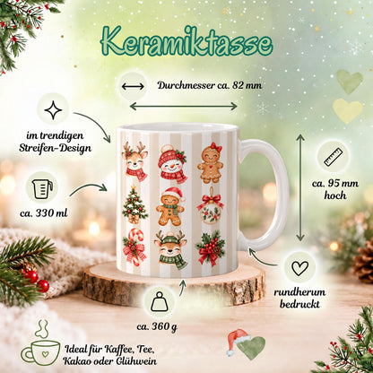 Diese Weihnachtstasse im trendigen Streifen-Design zeigt Rentiere, Schneemann, Lebkuchenfiguren, Christbaumschmuck und Zuckerstange rundherum bedruckt, erhältlich in Beige, Grün und Blau. Als Kaffeetasse Weihnachten aus Keramik mit 330 ml Fassungsvermögen eignet sich diese Tasse perfekt als Weihnachtsgeschenk, Wichtelgeschenk oder Nikolaus Tasse. Eine schöne Winter Tasse für Kaffee, Tee, Kakao und Glühwein, ideal als Tasse mit Weihnachtsmotiv für die ganze Adventszeit. Weihnachtstasse