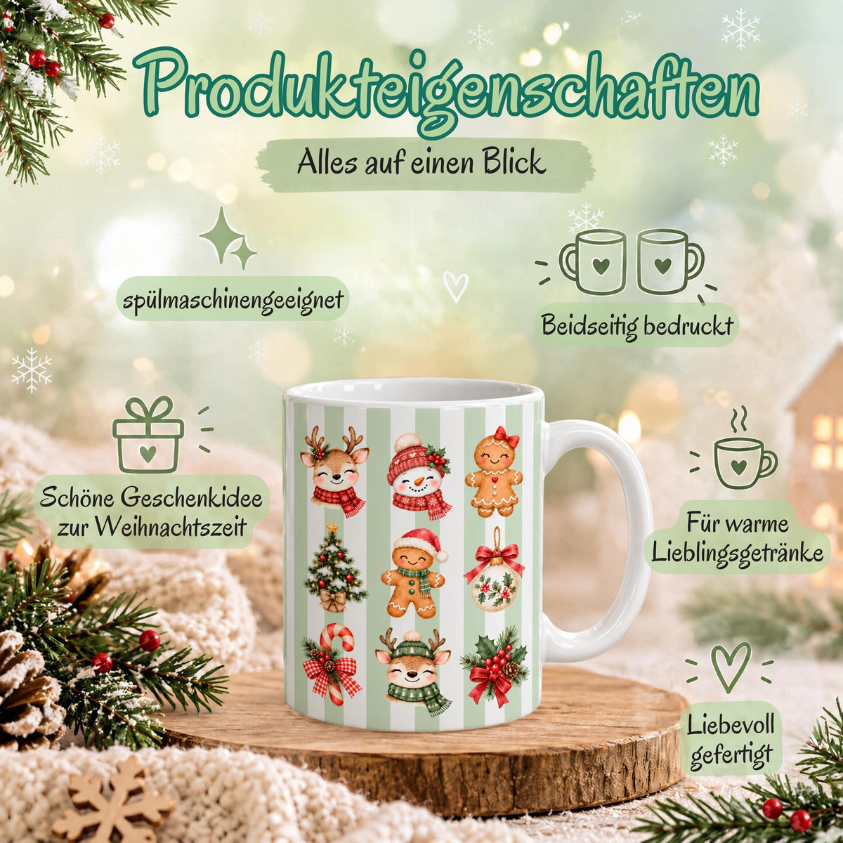 Diese Weihnachtstasse im trendigen Streifen-Design zeigt Rentiere, Schneemann, Lebkuchenfiguren, Christbaumschmuck und Zuckerstange rundherum bedruckt, erhältlich in Beige, Grün und Blau. Als Kaffeetasse Weihnachten aus Keramik mit 330 ml Fassungsvermögen eignet sich diese Tasse perfekt als Weihnachtsgeschenk, Wichtelgeschenk oder Nikolaus Tasse. Eine schöne Winter Tasse für Kaffee, Tee, Kakao und Glühwein, ideal als Tasse mit Weihnachtsmotiv für die ganze Adventszeit. Weihnachtstasse
