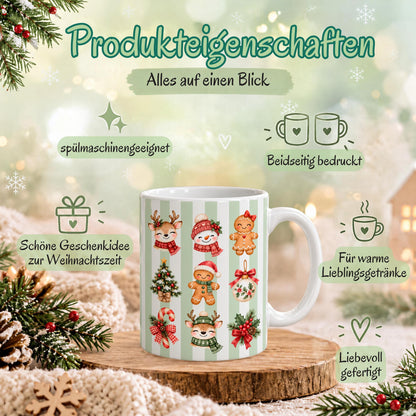 Diese Weihnachtstasse im trendigen Streifen-Design zeigt Rentiere, Schneemann, Lebkuchenfiguren, Christbaumschmuck und Zuckerstange rundherum bedruckt, erhältlich in Beige, Grün und Blau. Als Kaffeetasse Weihnachten aus Keramik mit 330 ml Fassungsvermögen eignet sich diese Tasse perfekt als Weihnachtsgeschenk, Wichtelgeschenk oder Nikolaus Tasse. Eine schöne Winter Tasse für Kaffee, Tee, Kakao und Glühwein, ideal als Tasse mit Weihnachtsmotiv für die ganze Adventszeit. Weihnachtstasse