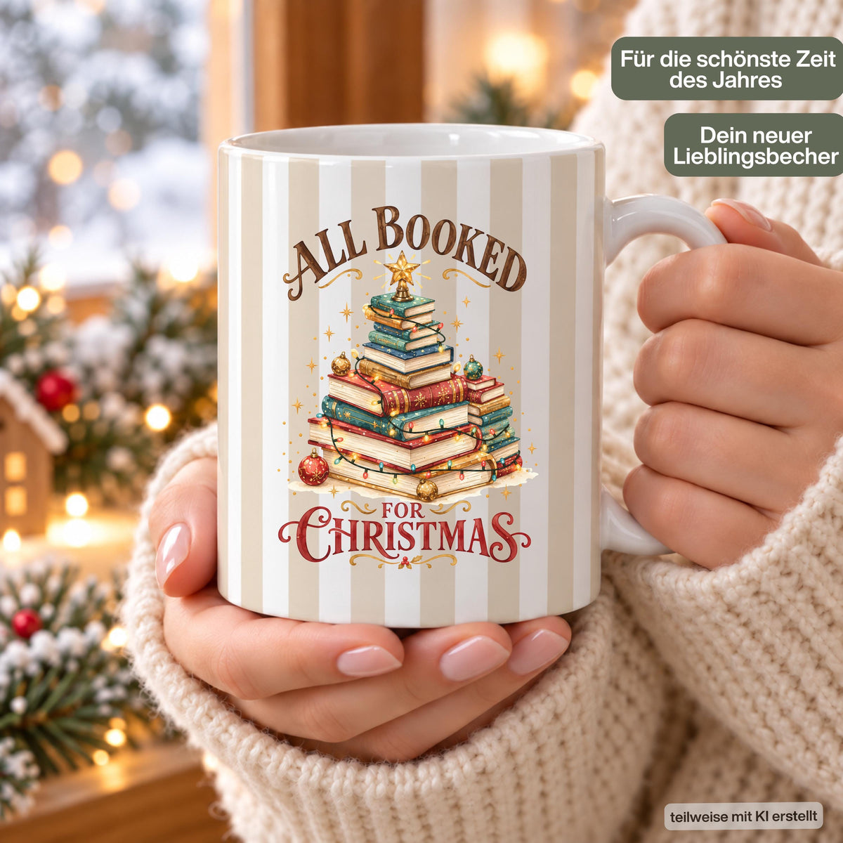 Diese Kaffeetasse Weihnachten zeigt einen Weihnachtsbaum aus gestapelten Büchern im Streifen-Design, erhältlich in Beige, Blau und Grün. Als Weihnachtsbecher aus Keramik mit 330 ml Fassungsvermögen ist diese Weihnachtstasse eine tolle Geschenkidee für Bücherfans, ob als Wichtelgeschenk, Nikolaus Tasse oder Weihnachtsgeschenk. Diese Tasse mit Weihnachtsmotiv eignet sich als Winter Tasse für Kaffee, Tee, Kakao und Glühwein und für gemütliche Lesestunden in der Adventszeit.