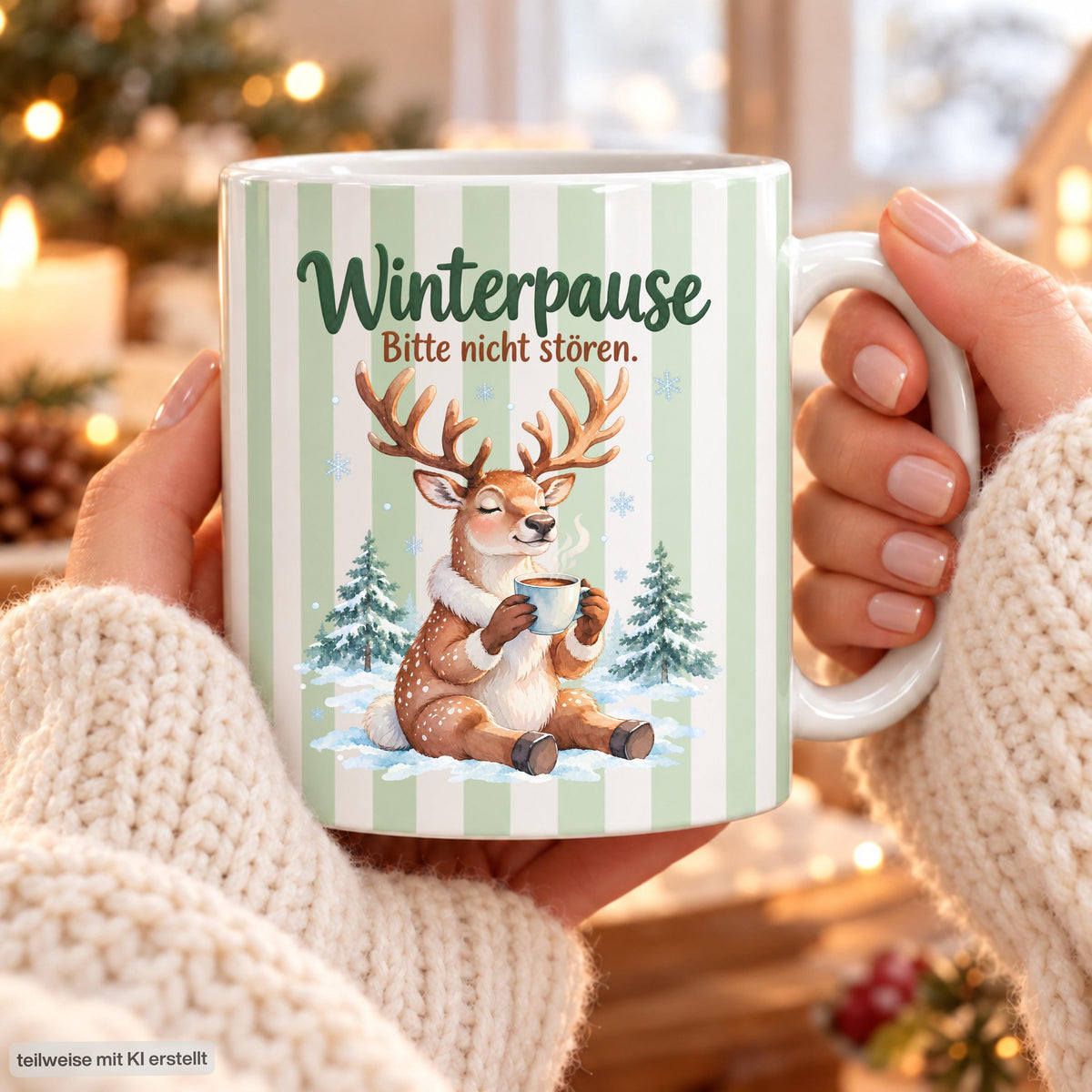 Weihnachtstasse mit dem Spruch „Winterpause, Bitte nicht stören" zeigt drei Varianten dieser Keramiktasse Weihnachten in Beige, Grün und Blau mit zartem Streifendesign. Auf jeder Kaffeetasse Weihnachten liegt ein schläfriges Rentier im Schnee zwischen kleinen Tannen und hält eine dampfende Tasse in den Pfoten. Diese Winter Tasse Geschenk eignet sich als Wichtelgeschenk Tasse, Weihnachtsgeschenk Tasse oder Weihnachtsbecher Geschenk und ist rundherum mit dem winterlichen Motiv bedruckt.