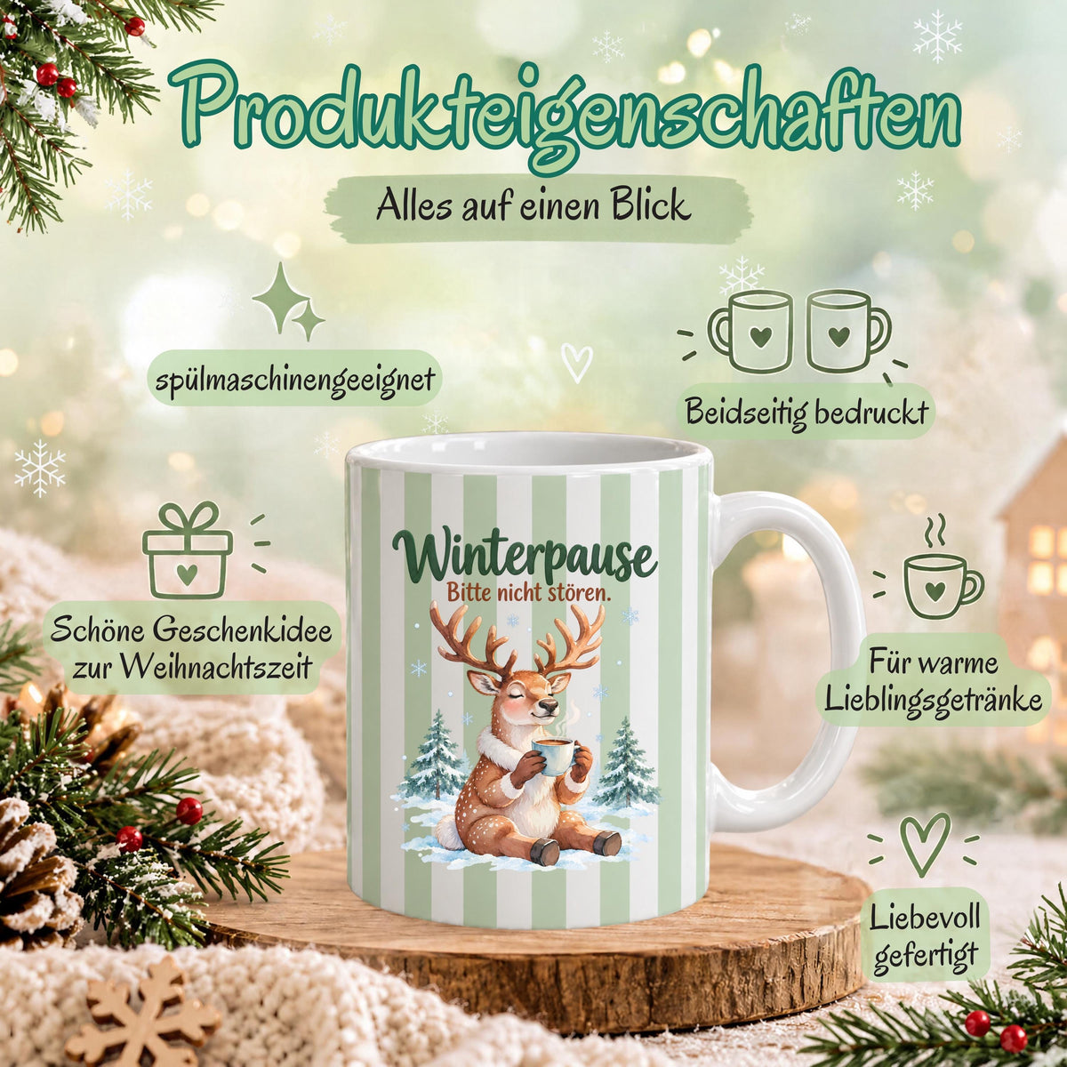 Weihnachtstasse mit dem Spruch „Winterpause, Bitte nicht stören" zeigt drei Varianten dieser Keramiktasse Weihnachten in Beige, Grün und Blau mit zartem Streifendesign. Auf jeder Kaffeetasse Weihnachten liegt ein schläfriges Rentier im Schnee zwischen kleinen Tannen und hält eine dampfende Tasse in den Pfoten. Diese Winter Tasse Geschenk eignet sich als Wichtelgeschenk Tasse, Weihnachtsgeschenk Tasse oder Weihnachtsbecher Geschenk und ist rundherum mit dem winterlichen Motiv bedruckt.