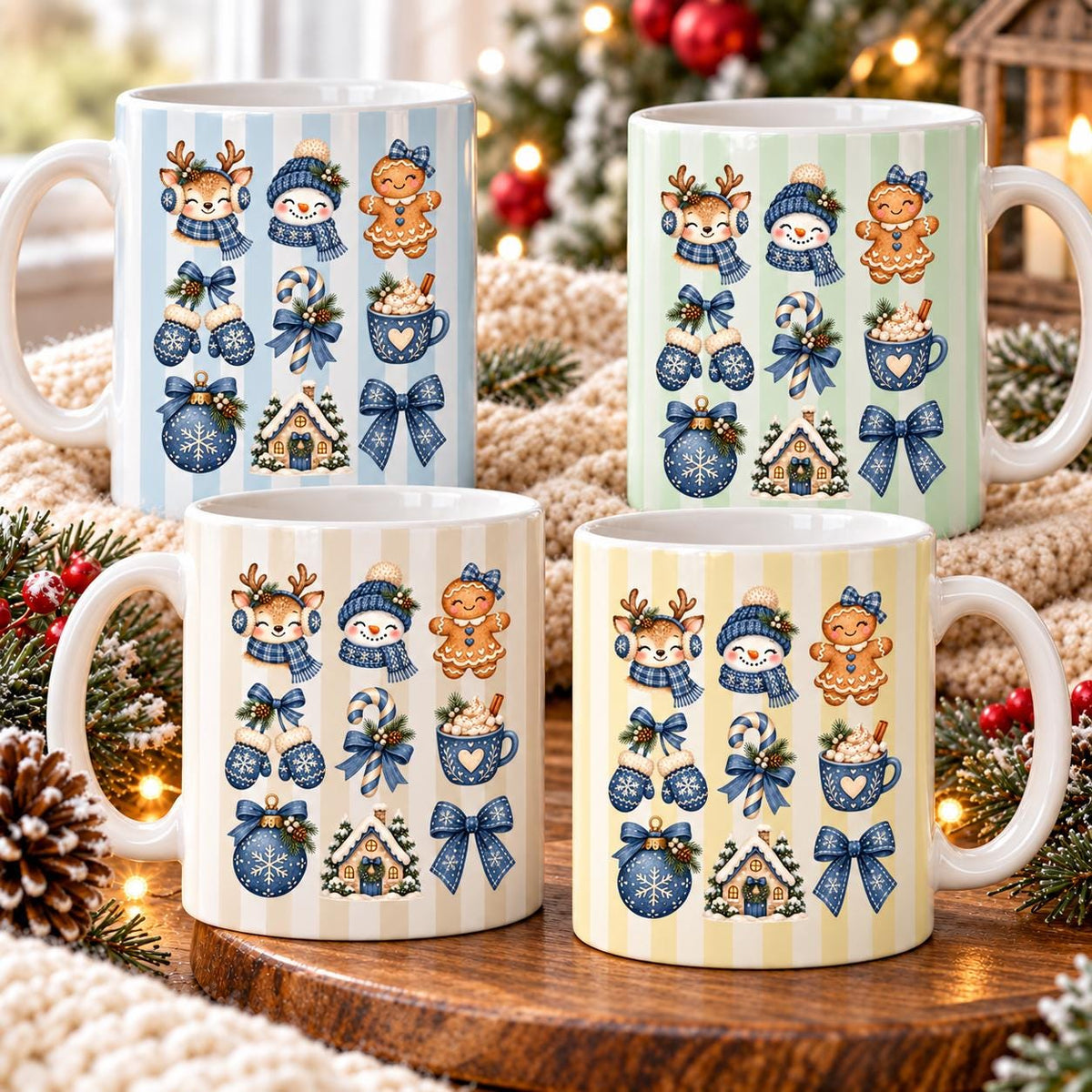 Gestreifte Keramiktassen mit Weihnachtsmotiven in Hellblau, Grün, Beige und Gelb. Rentier, Schneemann, Lebkuchenfigur, Fäustlinge, Zuckerstange, Kakao und weitere Wintermotive schmücken die Weihnachtstasse mit farbigen Streifen. Der Keramikbecher fasst ca. 330 ml für Kaffee, Tee oder heiße Schokolade. Weihnachtliche Kaffeetasse als Weihnachtsgeschenk für Familie, Freunde oder Kollegen, als Nikolausgeschenk und Wichtelgeschenk für den Advent, gemeinsame Kaffeepausen und gemütliche Wintertage.