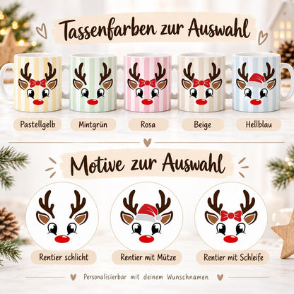Personalisierte Weihnachtstasse mit Namen zeigt die Keramiktasse in fünf Farben: Pastellgelb, Mintgrün, Rosa, Beige und Hellblau, jeweils mit einem niedlichen Rentier-Gesicht. Diese Tasse personalisiert ist in drei Motiv-Varianten erhältlich: Rentier schlicht, Rentier mit Mütze oder Rentier mit Schleife, und wird mit dem Wunschnamen bedruckt. Diese Tassen mit Namen eignen sich als Weihnachtsgeschenk-Tasse für Mama, Papa oder die ganze Familie und machen aus jeder Kaffeetasse ein Unikat