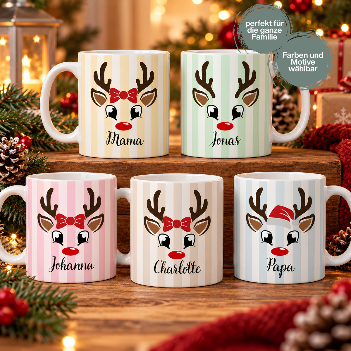 Personalisierte Weihnachtstasse mit Namen zeigt die Keramiktasse in fünf Farben: Pastellgelb, Mintgrün, Rosa, Beige und Hellblau, jeweils mit einem niedlichen Rentier-Gesicht. Diese Tasse personalisiert ist in drei Motiv-Varianten erhältlich: Rentier schlicht, Rentier mit Mütze oder Rentier mit Schleife, und wird mit dem Wunschnamen bedruckt. Diese Tassen mit Namen eignen sich als Weihnachtsgeschenk-Tasse für Mama, Papa oder die ganze Familie und machen aus jeder Kaffeetasse ein Unikat