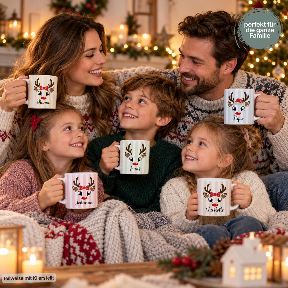 Personalisierte Weihnachtstasse mit Namen zeigt die Keramiktasse in fünf Farben: Pastellgelb, Mintgrün, Rosa, Beige und Hellblau, jeweils mit einem niedlichen Rentier-Gesicht. Diese Tasse personalisiert ist in drei Motiv-Varianten erhältlich: Rentier schlicht, Rentier mit Mütze oder Rentier mit Schleife, und wird mit dem Wunschnamen bedruckt. Diese Tassen mit Namen eignen sich als Weihnachtsgeschenk-Tasse für Mama, Papa oder die ganze Familie und machen aus jeder Kaffeetasse ein Unikat