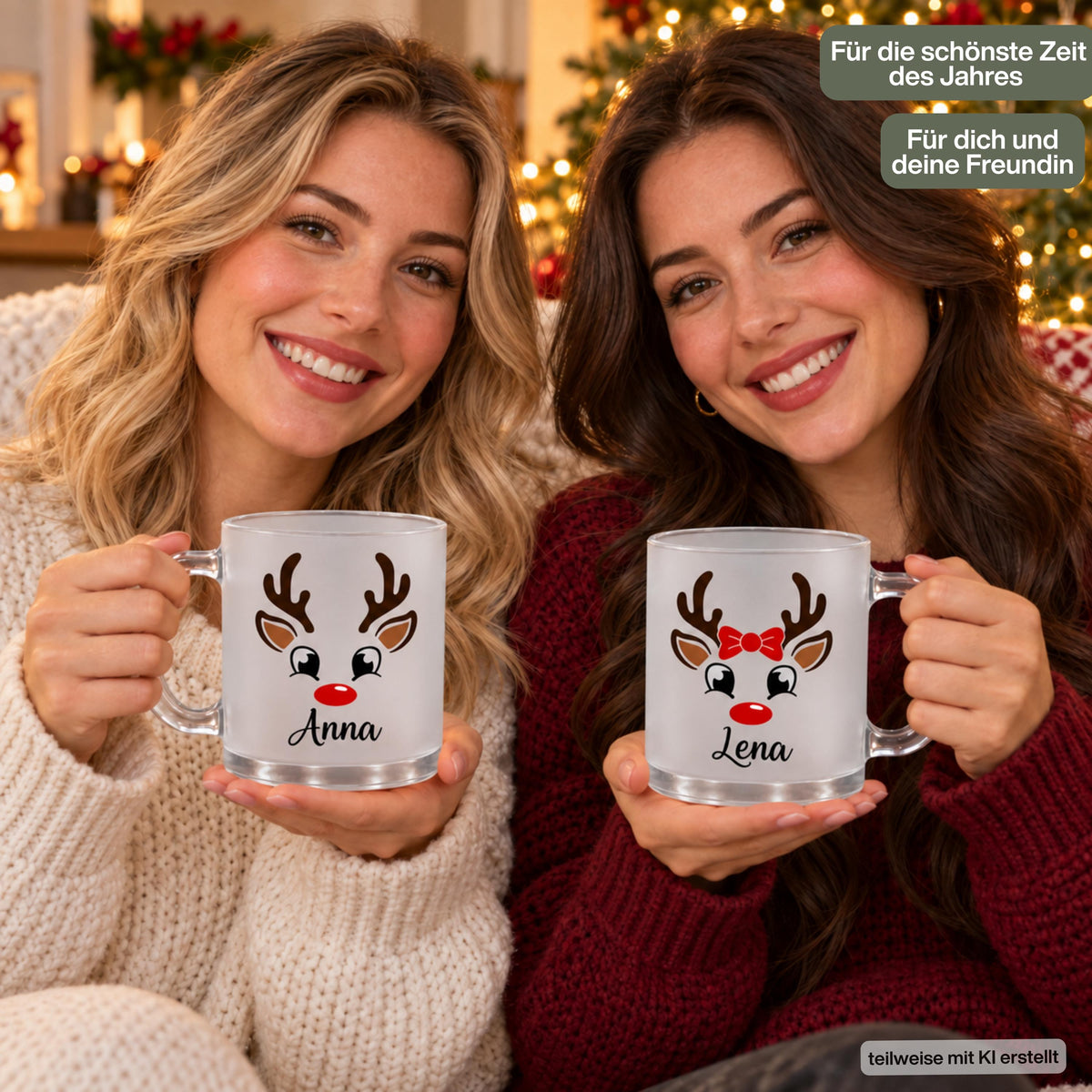Personalisierte Glühweintasse mit Namen zeigt diese transparente, satinierte Glastasse mit einem niedlichen Rentier-Motiv. Diese Tasse personalisiert ist in drei Varianten erhältlich: Rentier schlicht, Rentier mit Mütze oder Rentier mit Schleife, und wird mit dem Wunschnamen bedruckt. Diese Tassen mit Namen eignen sich als Weihnachtsgeschenk-Tasse für Mama, Papa oder die ganze Familie und machen aus jeder Glühweintasse ein persönliches Unikat für die Adventszeit.Glühweintasse als Weihnachtstasse