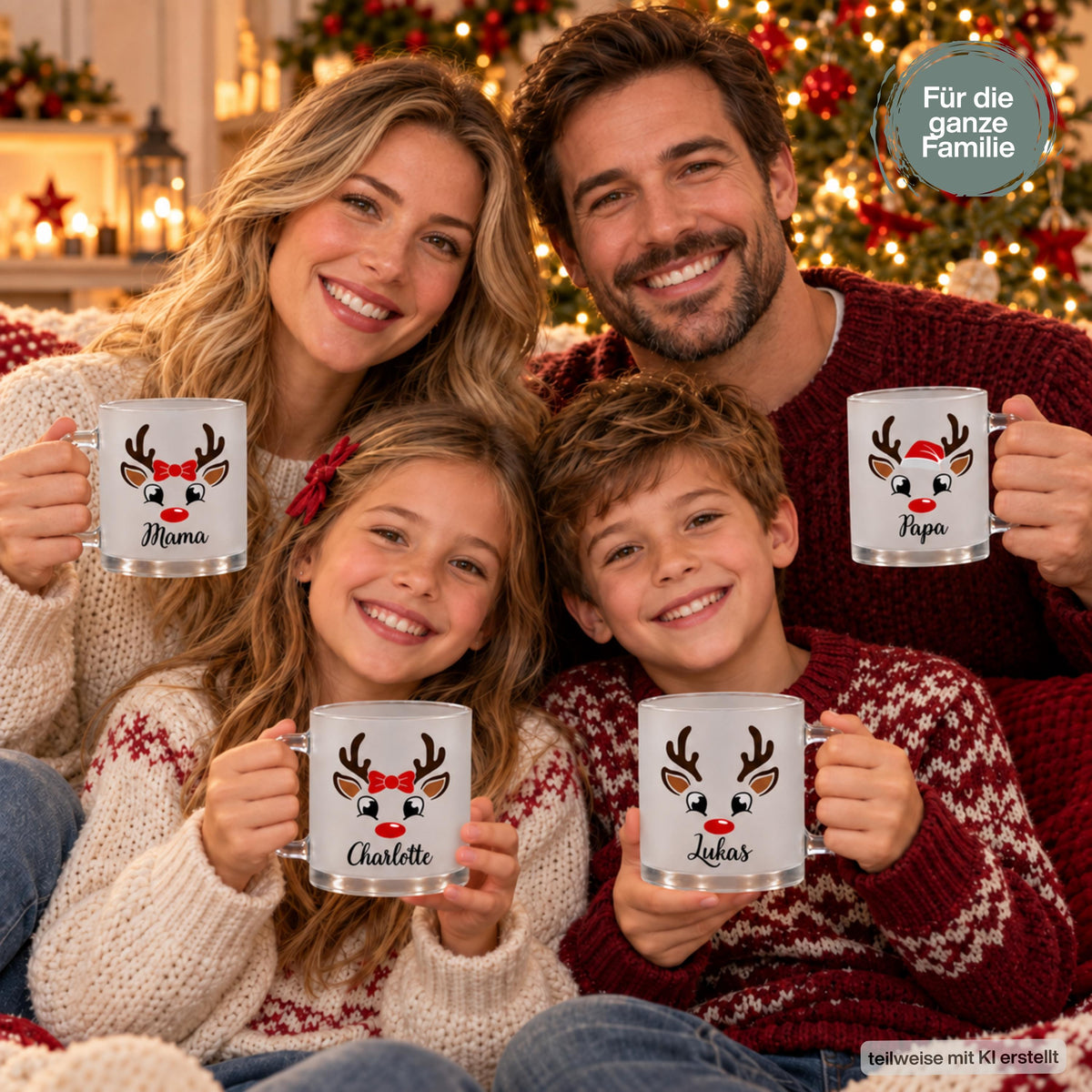 Personalisierte Glühweintasse mit Namen zeigt diese transparente, satinierte Glastasse mit einem niedlichen Rentier-Motiv. Diese Tasse personalisiert ist in drei Varianten erhältlich: Rentier schlicht, Rentier mit Mütze oder Rentier mit Schleife, und wird mit dem Wunschnamen bedruckt. Diese Tassen mit Namen eignen sich als Weihnachtsgeschenk-Tasse für Mama, Papa oder die ganze Familie und machen aus jeder Glühweintasse ein persönliches Unikat für die Adventszeit.