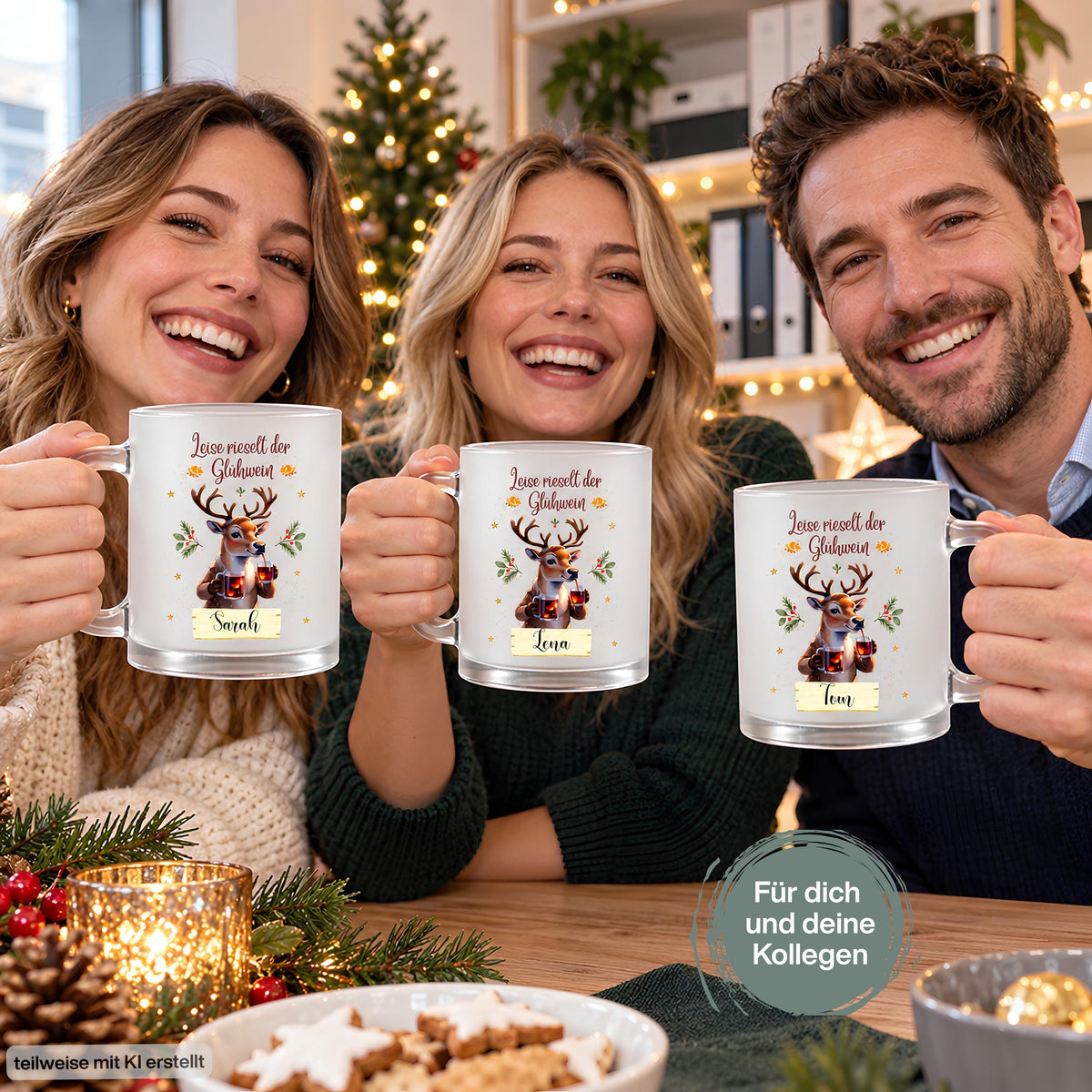 Personalisierte Glühweintasse mit Namen und dem Spruch „Leise rieselt der Glühwein" zeigt diese transparente, satinierte Glastasse mit einem Rentier, das zwei Gläser Glühwein hält, umgeben von Tannengrün und Sternen. Diese Tasse personalisiert wird mit dem Wunschnamen auf einem kleinen Schild bedruckt. Diese Weihnachtstasse mit Namen eignet sich als Weihnachtsgeschenk-Tasse für Mama, Papa oder die ganze Familie und macht aus jeder Glühweintasse ein persönliches Unikat für die Adventszeit.