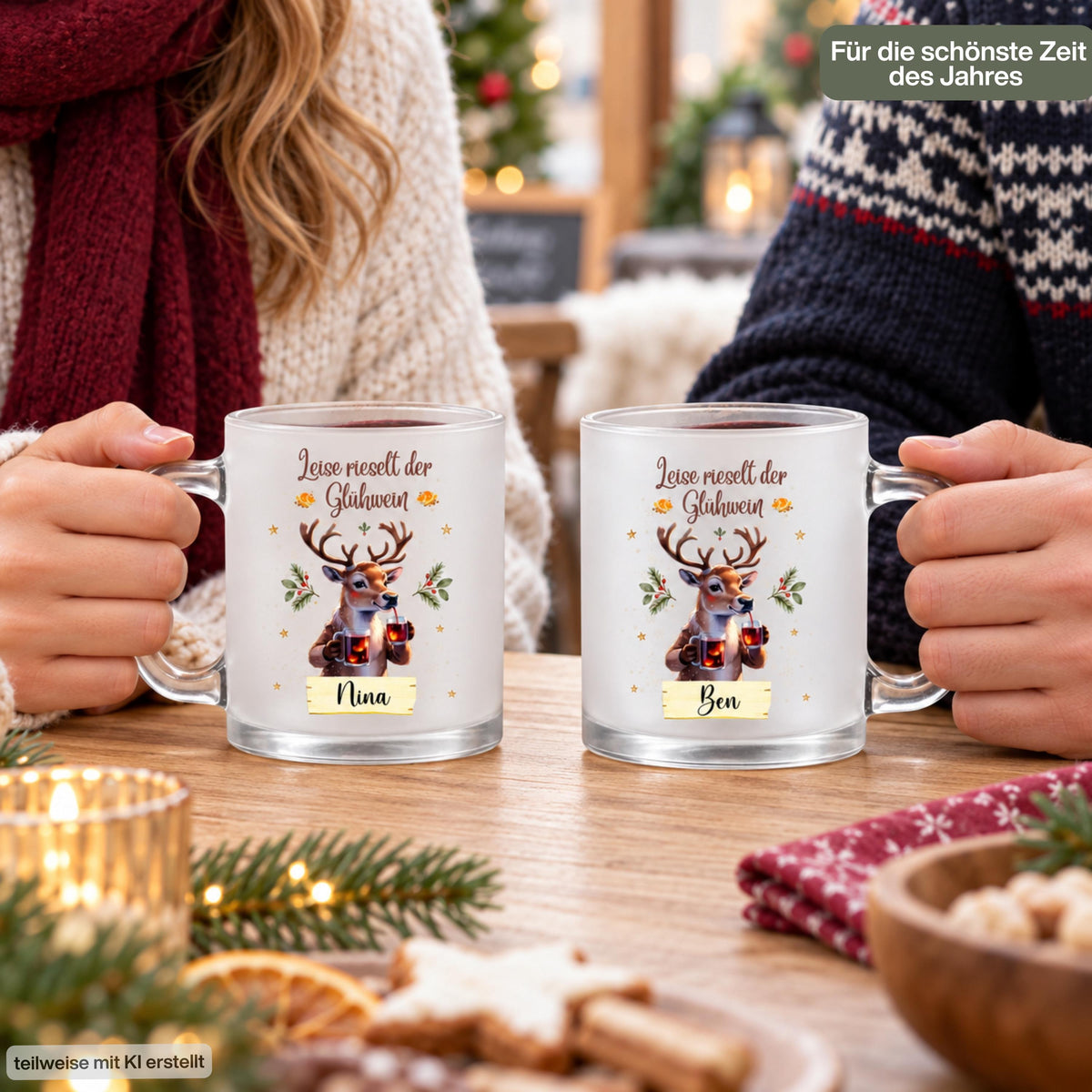 Personalisierte Glühweintasse mit Namen und dem Spruch „Leise rieselt der Glühwein" zeigt diese transparente, satinierte Glastasse mit einem Rentier, das zwei Gläser Glühwein hält, umgeben von Tannengrün und Sternen. Diese Tasse personalisiert wird mit dem Wunschnamen auf einem kleinen Schild bedruckt. Diese Weihnachtstasse mit Namen eignet sich als Weihnachtsgeschenk-Tasse für Mama, Papa oder die ganze Familie und macht aus jeder Glühweintasse ein persönliches Unikat für die Adventszeit.