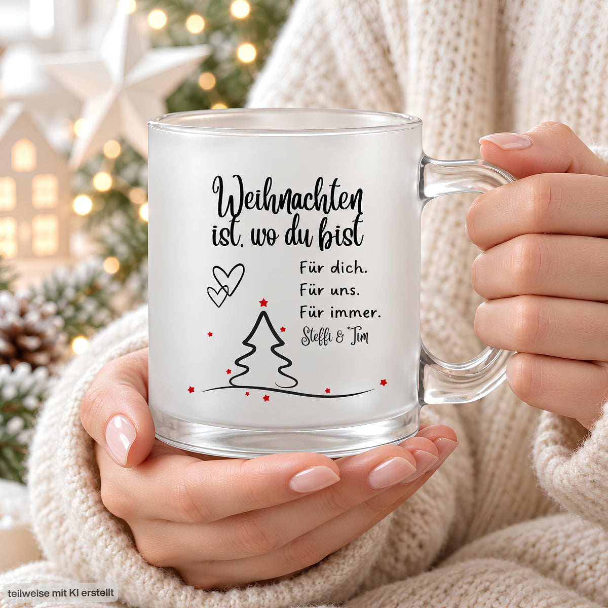 Personalisierte Weihnachtstasse mit Namen zeigt diese transparente, satinierte Glastasse mit dem Spruch „Weihnachten ist, wo du bist". Diese Paar Tasse personalisiert mit Wunschnamen ist eine Weihnachtstasse personalisiert für Paare und eignet sich als Tasse Weihnachten Name für den Partner oder die Partnerin. Als Weihnachtsgeschenk-Tasse, Tasse Weihnachten Geschenk oder besondere Kaffeetasse Weihnachten macht diese Tassen mit Namen jede Weihnachtstasse Geschenk zu einem persönlichen Unikat