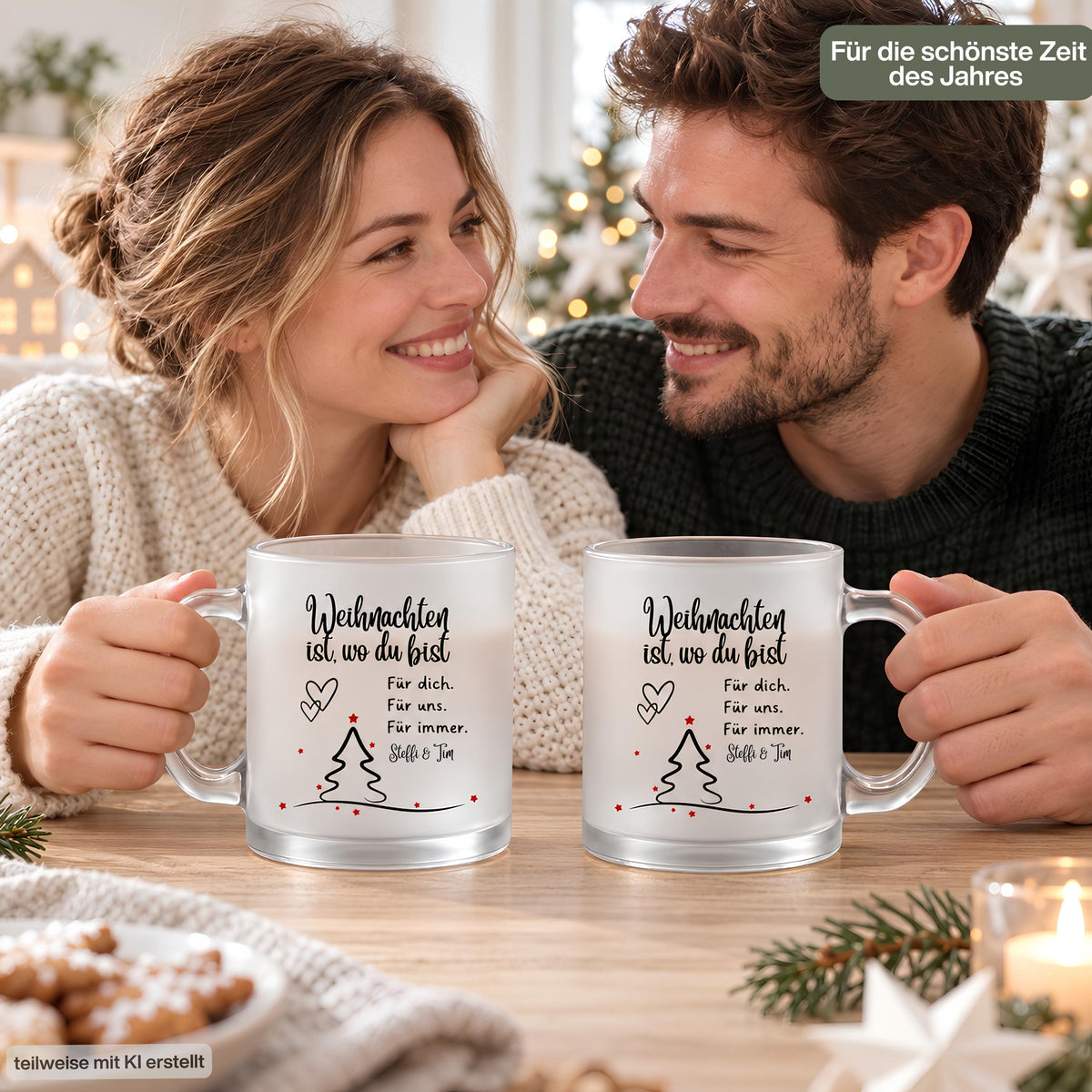 Personalisierte Weihnachtstasse mit Namen zeigt diese transparente, satinierte Glastasse mit dem Spruch „Weihnachten ist, wo du bist". Diese Paar Tasse personalisiert mit Wunschnamen ist eine Weihnachtstasse personalisiert für Paare und eignet sich als Tasse Weihnachten Name für den Partner oder die Partnerin. Als Weihnachtsgeschenk-Tasse, Tasse Weihnachten Geschenk oder besondere Kaffeetasse Weihnachten macht diese Tassen mit Namen jede Weihnachtstasse Geschenk zu einem persönlichen Unikat