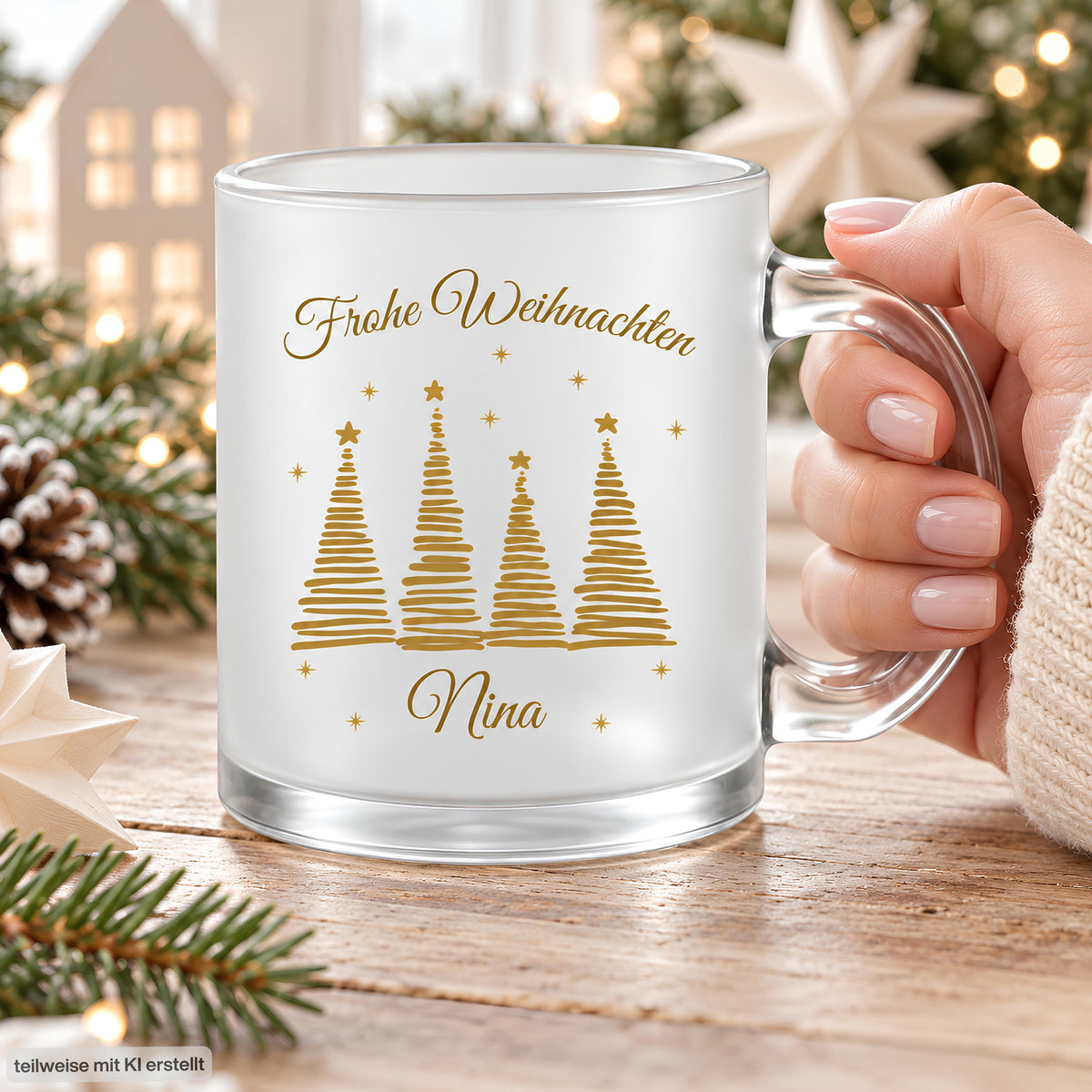 Personalisierte Weihnachtstasse mit Namen aus satiniertem, transparentem Glas mit goldener Schrift „Frohe Weihnachten" und vier goldenen Tannenbäumen mit Sternen. Diese Tasse personalisiert wird individuell mit deinem Wunschnamen bedruckt und eignet sich als Weihnachtsgeschenk für Familie, Freunde, Kollegen oder Großeltern. Als besondere Kaffeetasse Weihnachten ist diese Tasse mit Namen ein liebevolles Unikat für die ganze Weihnachtszeit. Paar Tasse, Geschenk Freundin, personalisiertes Gesc
