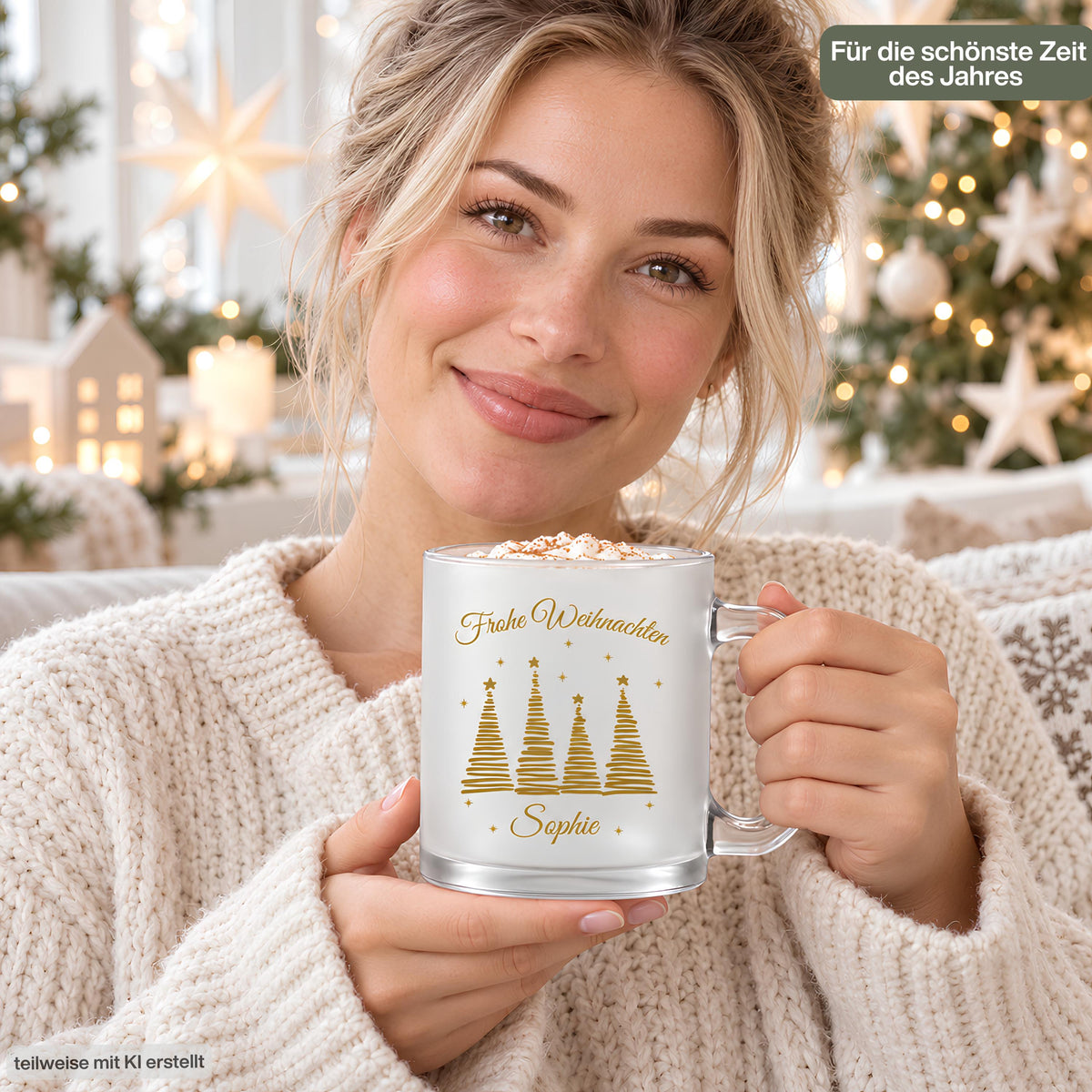 Personalisierte Weihnachtstasse mit Namen aus satiniertem, transparentem Glas mit goldener Schrift „Frohe Weihnachten" und vier goldenen Tannenbäumen mit Sternen. Diese Tasse personalisiert wird individuell mit deinem Wunschnamen bedruckt und eignet sich als Weihnachtsgeschenk für Familie, Freunde, Kollegen oder Großeltern. Als besondere Kaffeetasse Weihnachten ist diese Tasse mit Namen ein liebevolles Unikat für die ganze Weihnachtszeit. Paar Tasse, Geschenk Freundin, personalisiertes Gesc