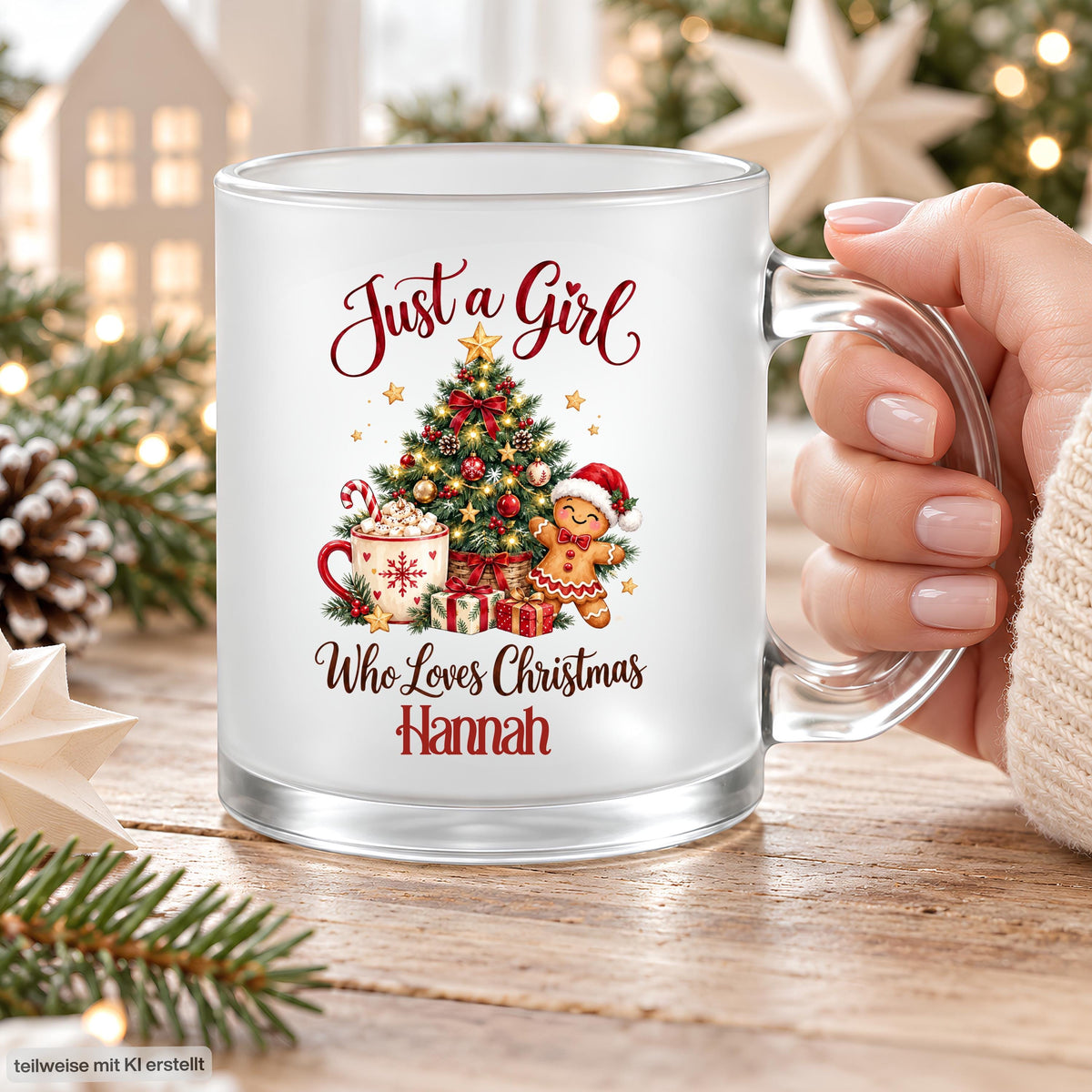 Nahaufnahme einer Hand am transparenten Henkel der personalisierten Weihnachtstasse mit dem Beispielnamen Hannah. Der rote Schriftzug „Just a Girl Who Loves Christmas“ umrahmt Tannenbaum, Kakao mit Zuckerstange, Lebkuchenmann und Geschenke auf satiniertem Glas. Der Glasboden und die Frontansicht des Drucks sind gut sichtbar. Die 300-ml-Tasse steht auf einem Holztisch zwischen Tannenzweigen, Zapfen und Sternen. Ein Weihnachtsbecher mit Wunschname als Geschenk für Freundin, Schwester oder Kollegin im Advent.