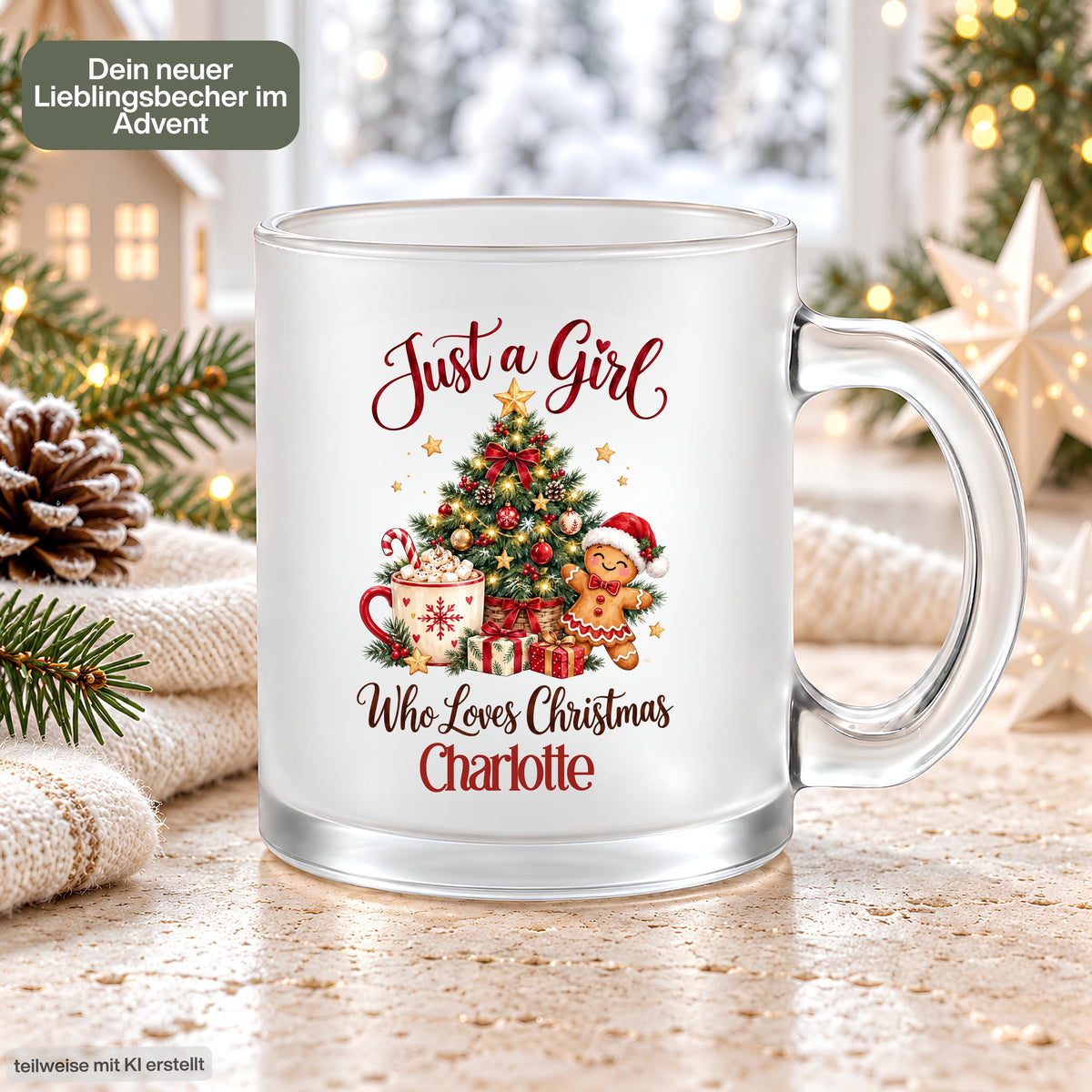 Personalisierte Weihnachtstasse aus satiniertem, transparentem Glas mit dem Beispielnamen Charlotte im weihnachtlichen Arrangement. Der Aufdruck „Just a Girl Who Loves Christmas“ zeigt einen geschmückten Tannenbaum, Kakao mit Zuckerstange, Lebkuchenmann und Geschenke. Sichtbar sind der klare Glasgriff und der Glasboden; Tannenzweige, Strickdecke und Lichter rahmen die Tasse ein. Die beidseitig bedruckte 300-ml-Glastasse mit Wunschname eignet sich als Weihnachtsgeschenk für Freundin, Schwester oder Kollegin.