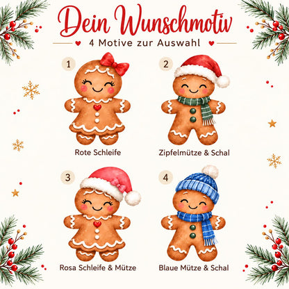 Motivauswahl der Familientasse mit vier Lebkuchenfiguren: rote Schleife, Zipfelmütze und Schal, rosa Schleife mit Nikolausmütze sowie blaue Mütze und Schal. Die Lebkuchenmotive sind von einem Tannenkranz mit Zapfen, Beeren und goldenen Sternen umrahmt und tragen „Weihnachten schmeckt zusammen am besten“. Die satinierte 300-ml-Glastasse wird beidseitig mit Wunschname bedruckt. Persönliches Weihnachtsgeschenk für Familie, Freunde oder Kollegen, auch zu Nikolaus oder zum Wichteln. Für Kaffee, Tee und Kakao.