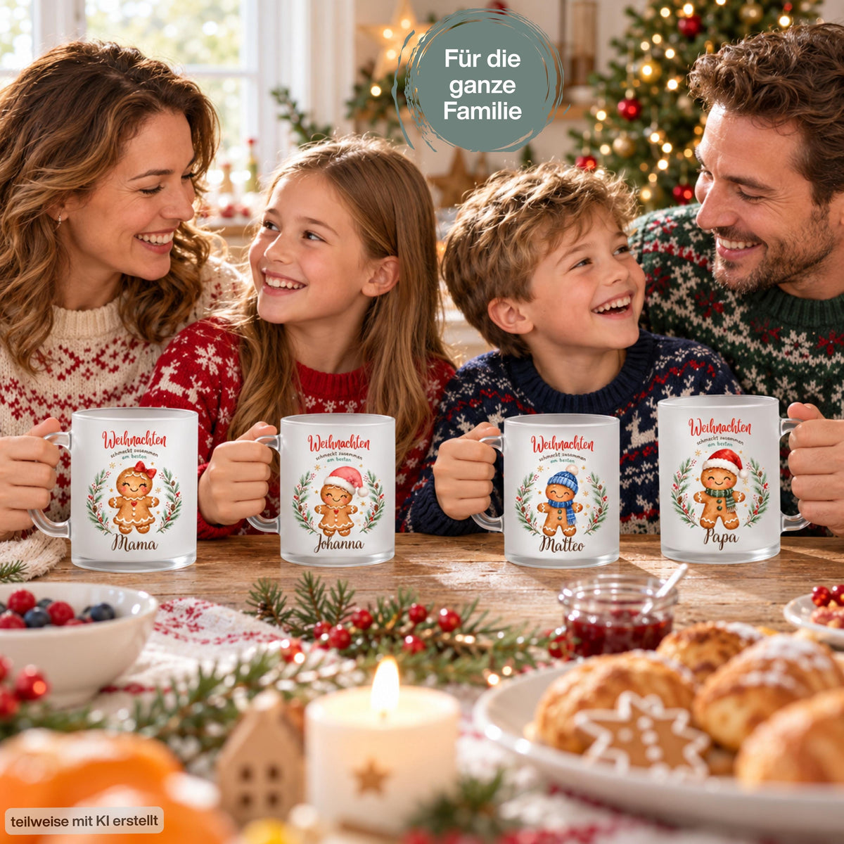 Eine Familie präsentiert personalisierte Weihnachtstassen mit verschiedenen Lebkuchenfiguren am festlich gedeckten Tisch mit Plätzchen und Weihnachtsdekoration. Die Lebkuchenmotive sind von einem Tannenkranz mit Zapfen, Beeren und goldenen Sternen umrahmt und tragen „Weihnachten schmeckt zusammen am besten“. Die satinierte 300-ml-Glastasse wird beidseitig mit Wunschname bedruckt. Persönliches Weihnachtsgeschenk für Familie, Freunde oder Kollegen, auch zu Nikolaus oder zum Wichteln. Im Advent. Für Kaffee.