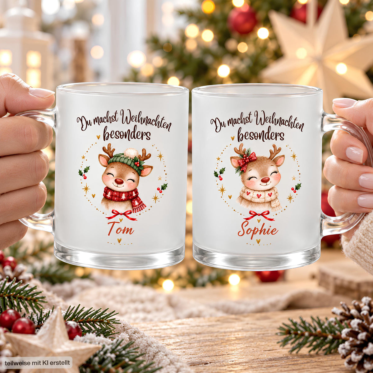 Zwei Hände halten personalisierte Rentier-Weihnachtstassen mit Namen Tom und Sophie an den transparenten Glashenkeln. Tom zeigt ein Rentier mit grüner Mütze und rotem Schal, Sophie ein Rentier mit beigem Herzschal und Beerenschleife. Über beiden Motiven steht „Du machst Weihnachten besonders“. Die satinierten Glastassen werden vor einem leuchtenden Weihnachtsbaum und einem Deko-Stern präsentiert. Tannenzweige, Zapfen, rote Beeren, weißer Strickstoff und Holz begleiten die persönliche Geschenkidee für Paare.