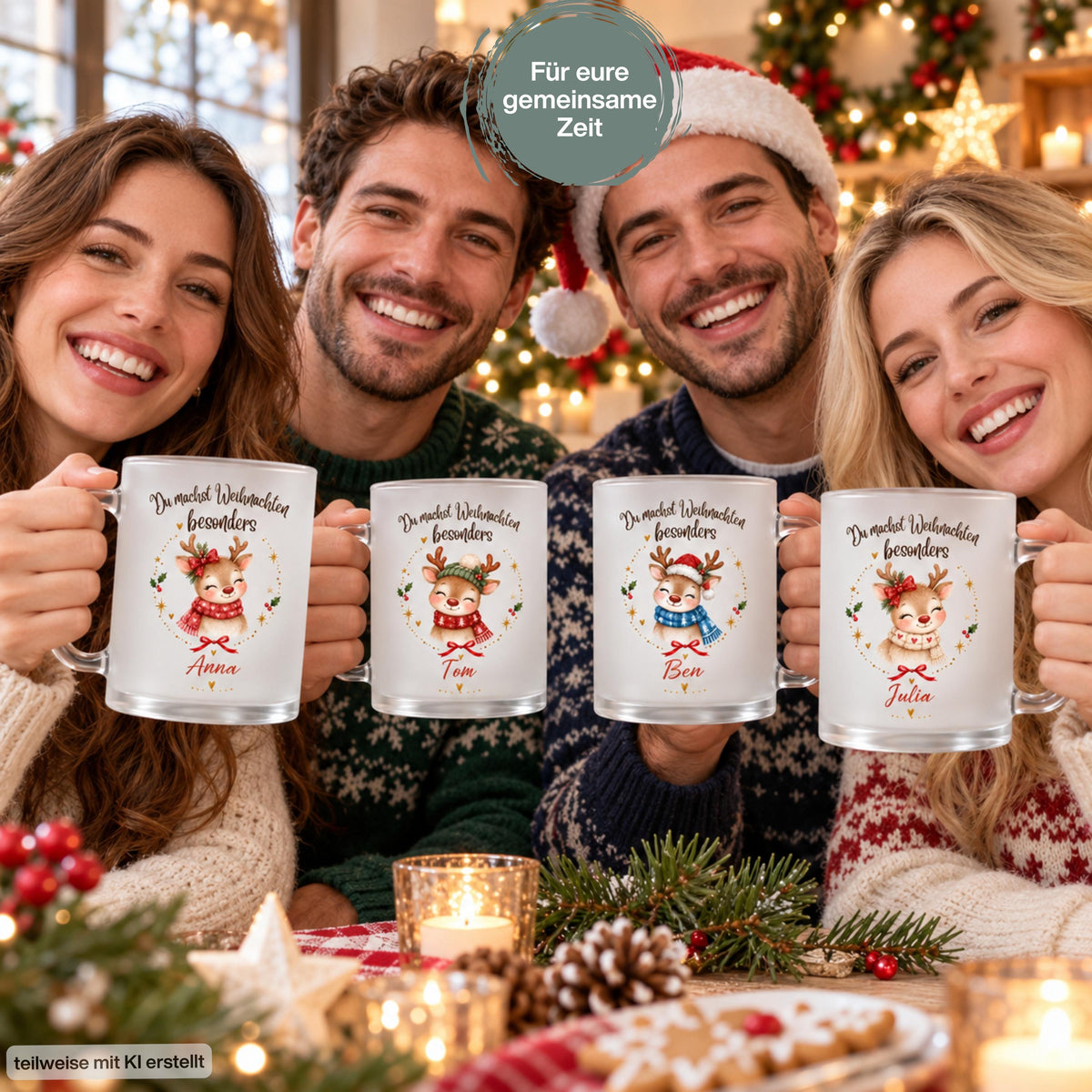 Vier Freunde halten personalisierte Rentier-Weihnachtstassen mit Namen Anna, Tom, Ben und Julia vor sich. Die satinierten Glastassen zeigen Rentiere mit rotem Schal, grüner Mütze, blauem Schal oder beigem Herzschal und den Spruch „Du machst Weihnachten besonders“. Zwei Frauen und zwei Männer tragen Pullover; einer hat eine Nikolausmütze auf. Kerzen, Plätzchen, Tannengrün und Zapfen schmücken den Tisch. Lichter und Weihnachtsdeko begleiten die Botschaft „Für eure gemeinsame Zeit“ als Geschenkidee.