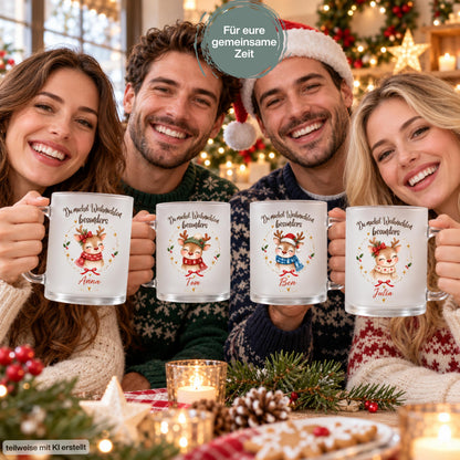 Vier Freunde halten personalisierte Rentier-Weihnachtstassen mit Namen Anna, Tom, Ben und Julia vor sich. Die satinierten Glastassen zeigen Rentiere mit rotem Schal, grüner Mütze, blauem Schal oder beigem Herzschal und den Spruch „Du machst Weihnachten besonders“. Zwei Frauen und zwei Männer tragen Pullover; einer hat eine Nikolausmütze auf. Kerzen, Plätzchen, Tannengrün und Zapfen schmücken den Tisch. Lichter und Weihnachtsdeko begleiten die Botschaft „Für eure gemeinsame Zeit“ als Geschenkidee.
