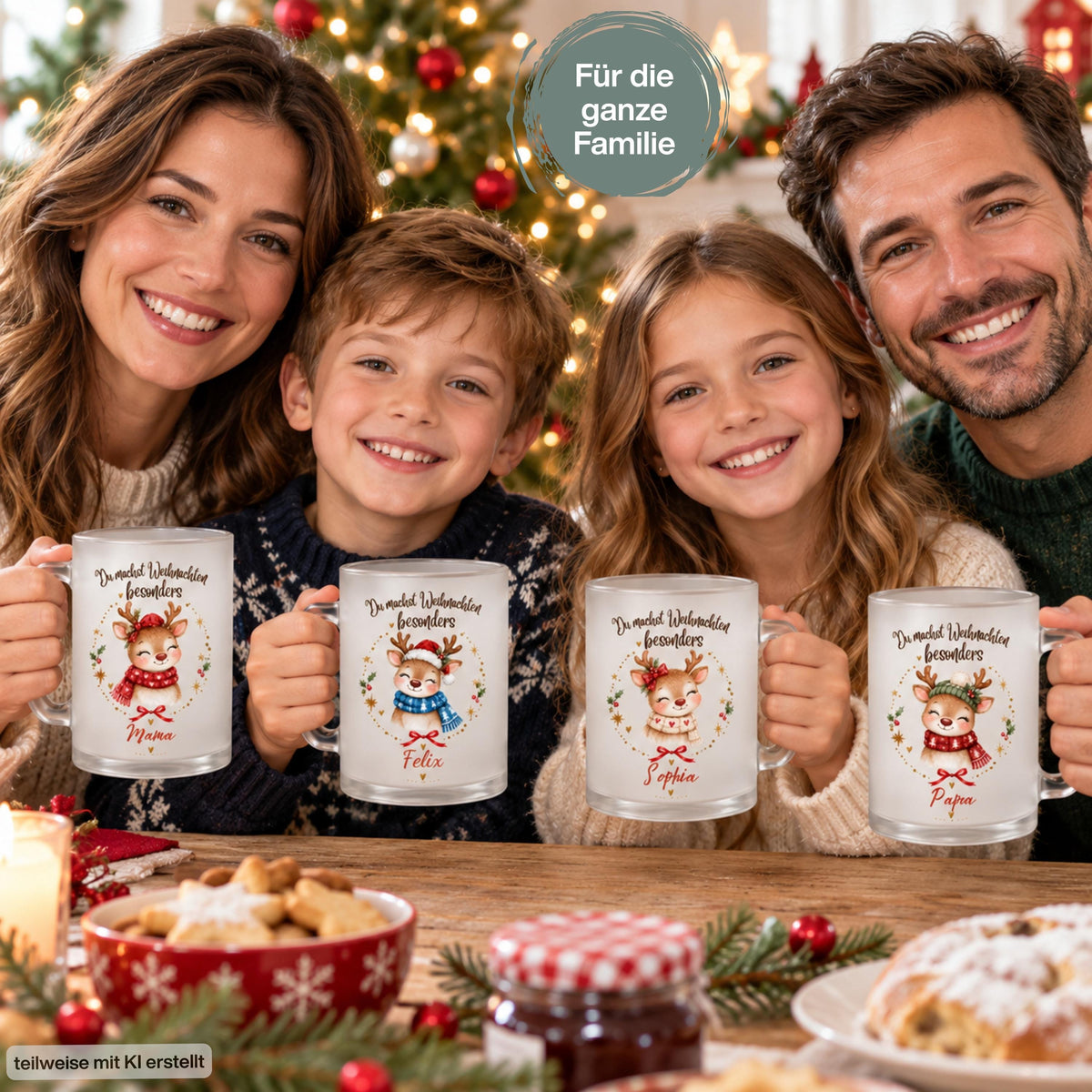 Familie mit vier personalisierten Rentier-Weihnachtstassen: Mama zeigt einen roten Schal, Felix einen blauen Schal mit Nikolausmütze, Sophia einen beigen Herzschal und Papa eine grüne Mütze mit rotem Schal. Die Eltern und zwei Kinder halten ihre satinierten Glastassen mit Namen und „Du machst Weihnachten besonders“ in die Kamera. „Für die ganze Familie“ steht über ihnen. Plätzchen, Kuchen, Marmelade, Kerze und Tannengrün schmücken den Frühstückstisch vor einem Weihnachtsbaum. Geschenkidee für die Familie.