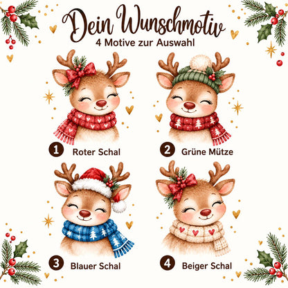 Motivübersicht „Dein Wunschmotiv – 4 Motive zur Auswahl“ für die personalisierte Rentier-Weihnachtstasse mit Namen. Vier Rentiere sind nummeriert: 1 trägt einen roten Herzschal und eine Schleife am Geweih, 2 eine grüne Mütze mit weißem Bommel und roten Schal, 3 eine Nikolausmütze und blauen Schal mit weißen Tannen, 4 einen beigen Herzschal und eine rote Schleife. Der Hintergrund ist mit goldenen Sternen und Herzen, Tannenzweigen und roten Beeren geschmückt. Die Grafik hilft bei der Wahl des Wunschmotivs.