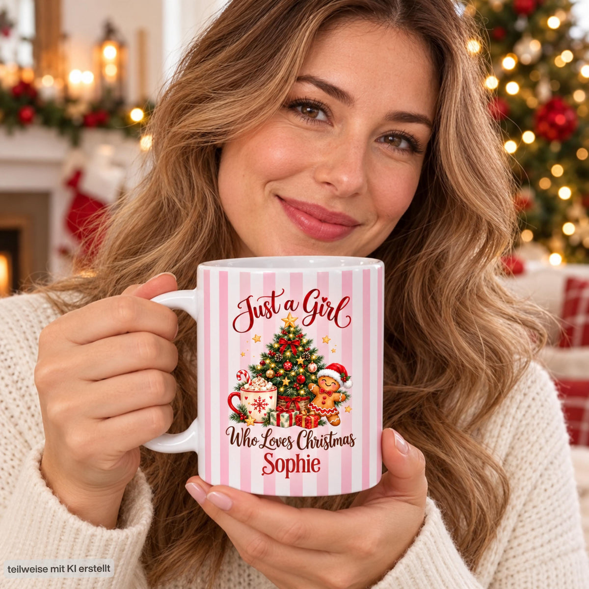 Eine Frau hält die personalisierte Weihnachtstasse mit Namen Sophie und rosa Streifen. Keramiktasse mit Just a Girl Who Loves Christmas, Weihnachtsbaum und Lebkuchenfigur. Der Weihnachtsbecher mit Wunschname bietet ca. 330 ml für Kaffee, Tee, Kakao oder Glühwein. Weihnachtsgeschenk für Frauen, die beste Freundin, Schwester, Mama oder Kollegin. Eine individuell bedruckte Kaffeetasse als Nikolausgeschenk und Wichtelgeschenk für Weihnachtsfans, gemütliche Wintertage und Kaffeepausen im Advent.