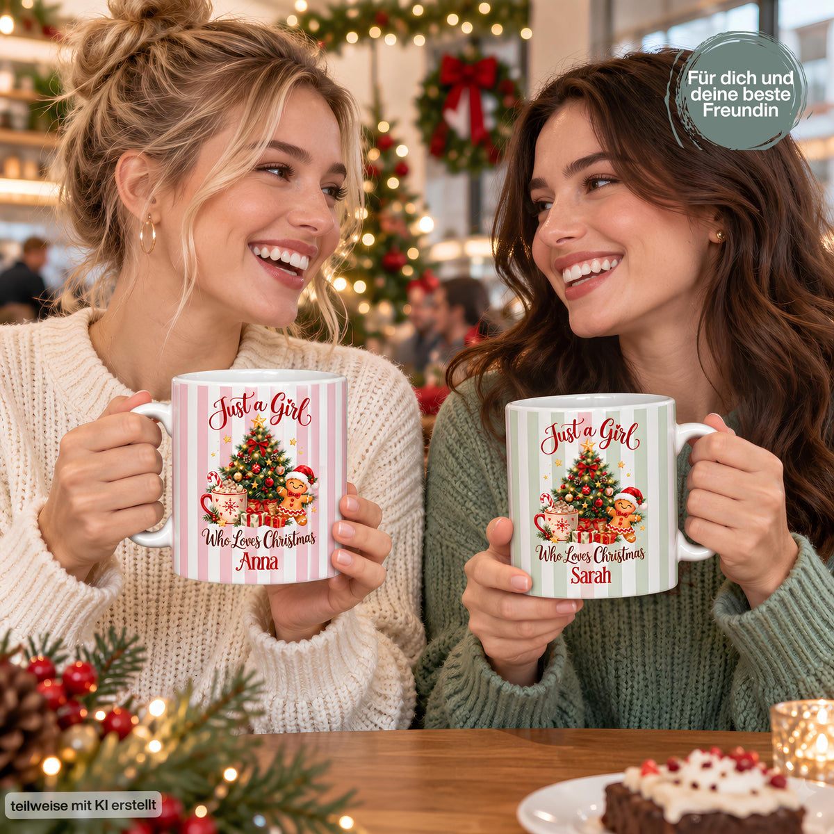 Zwei Frauen halten personalisierte Weihnachtstassen mit den Namen Anna und Sarah, mit rosa und mintgrünen Streifen. Der Spruch Just a Girl Who Loves Christmas ergänzt Weihnachtsbaum und Lebkuchenfigur. Keramiktasse mit Wunschname und ca. 330 ml für Kaffee, Tee, Kakao oder Glühwein. Weihnachtsgeschenk für die beste Freundin, Schwester oder Kollegin und gemeinsame Kaffeepausen im Advent. Individueller Weihnachtsbecher als Nikolausgeschenk, Wichtelgeschenk und Geschenkidee für Frauen.