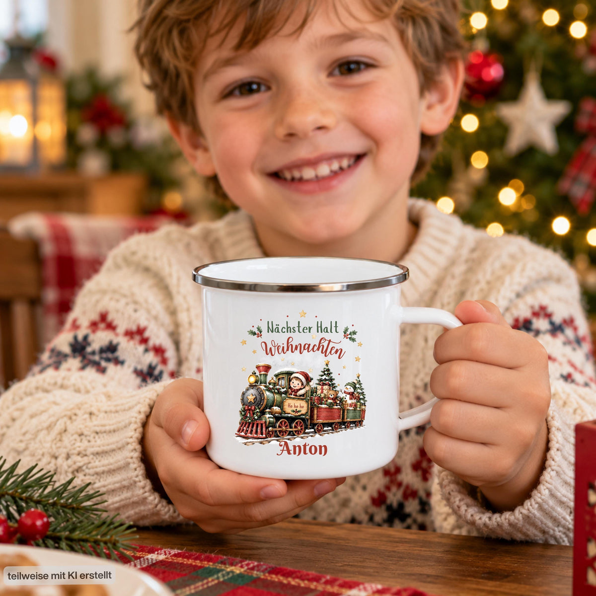Personalisierte Weihnachtstasse für Kinder aus weißer Emaille mit silberfarbenem Rand und weißem Henkel. Die Kindertasse wird mit Wunschname und ausgewähltem Weihnachtsmotiv bedruckt. Persönlicher Kinderbecher als Weihnachtsgeschenk oder Nikolausgeschenk für Kinder, Enkelkinder und Patenkinder. Zur Auswahl stehen Weihnachtszug, Pinguine, Rentier-Weihnachtspost und Fuchs-Schneekugel. Geliefert wird eine Tasse im gewählten Design. Ein Junge hält den Weihnachtsbecher mit Namensdruck.