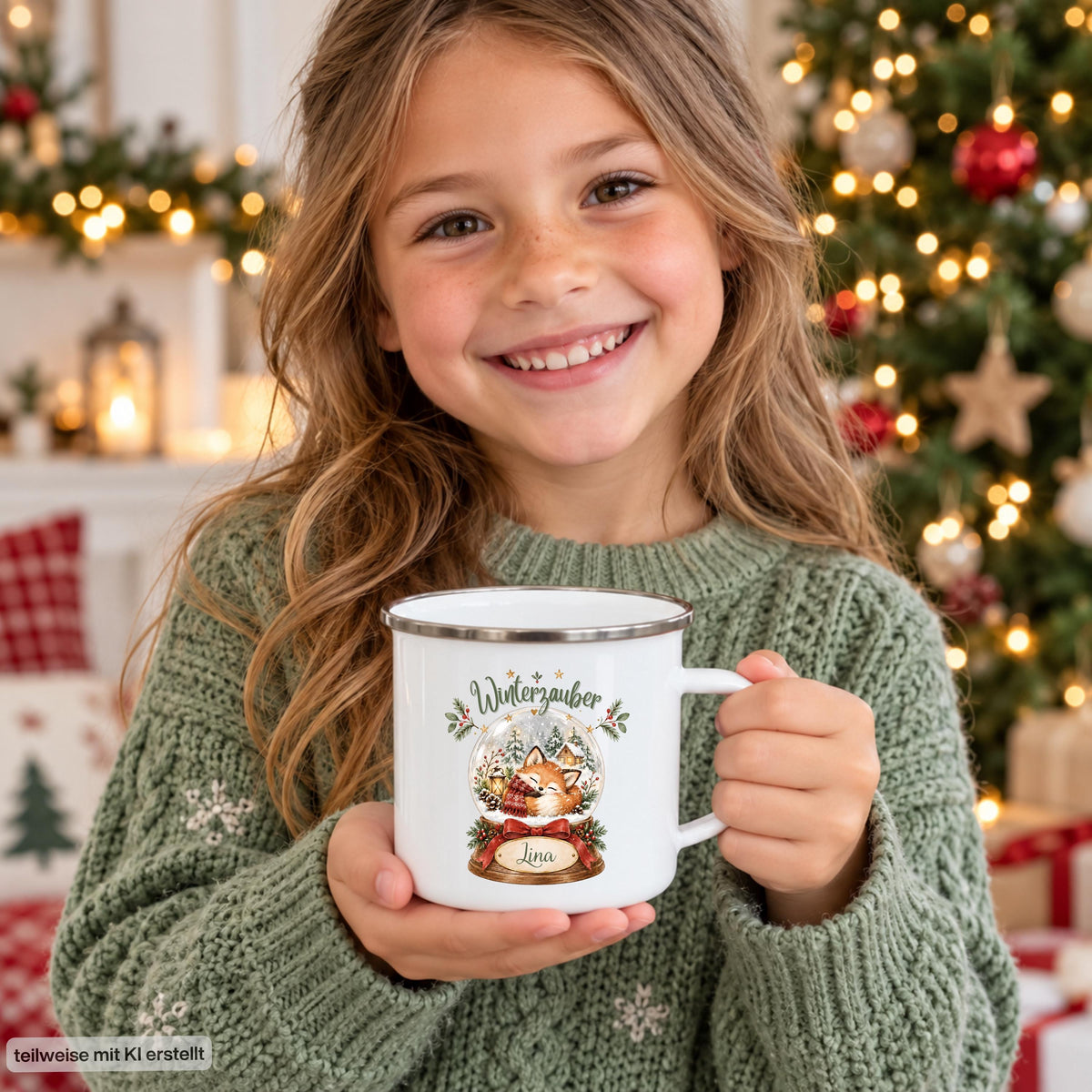 Personalisierte Weihnachtstasse für Kinder aus weißer Emaille mit silberfarbenem Rand und weißem Henkel. Die Kindertasse wird mit Wunschname und ausgewähltem Weihnachtsmotiv bedruckt. Persönlicher Kinderbecher als Weihnachtsgeschenk oder Nikolausgeschenk für Kinder, Enkelkinder und Patenkinder. Zur Auswahl stehen Weihnachtszug, Pinguine, Rentier-Weihnachtspost und Fuchs-Schneekugel. Geliefert wird eine Tasse im gewählten Design. Ein Mädchen zeigt die personalisierte Kindertasse.